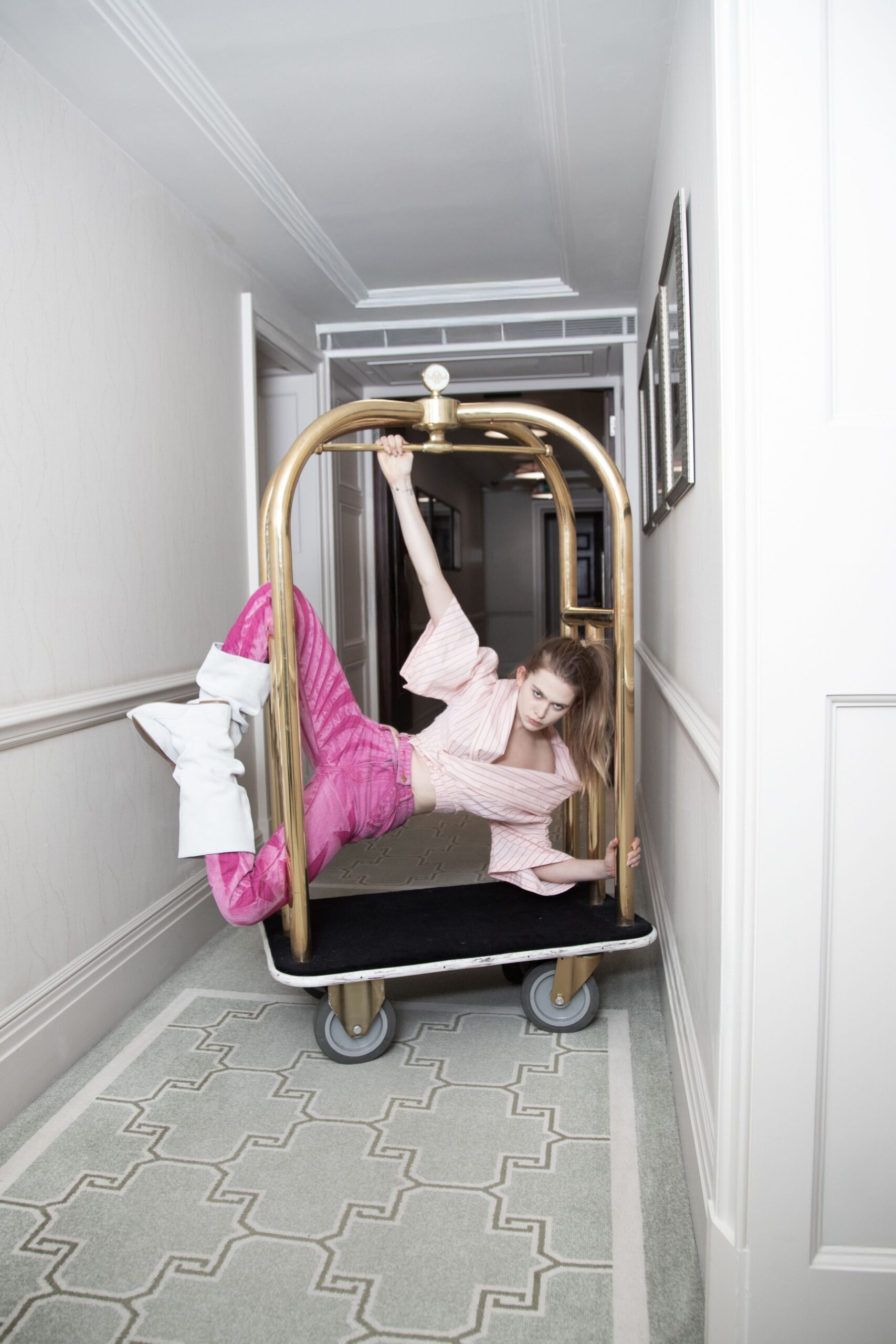 pink cotton fitted flared pants