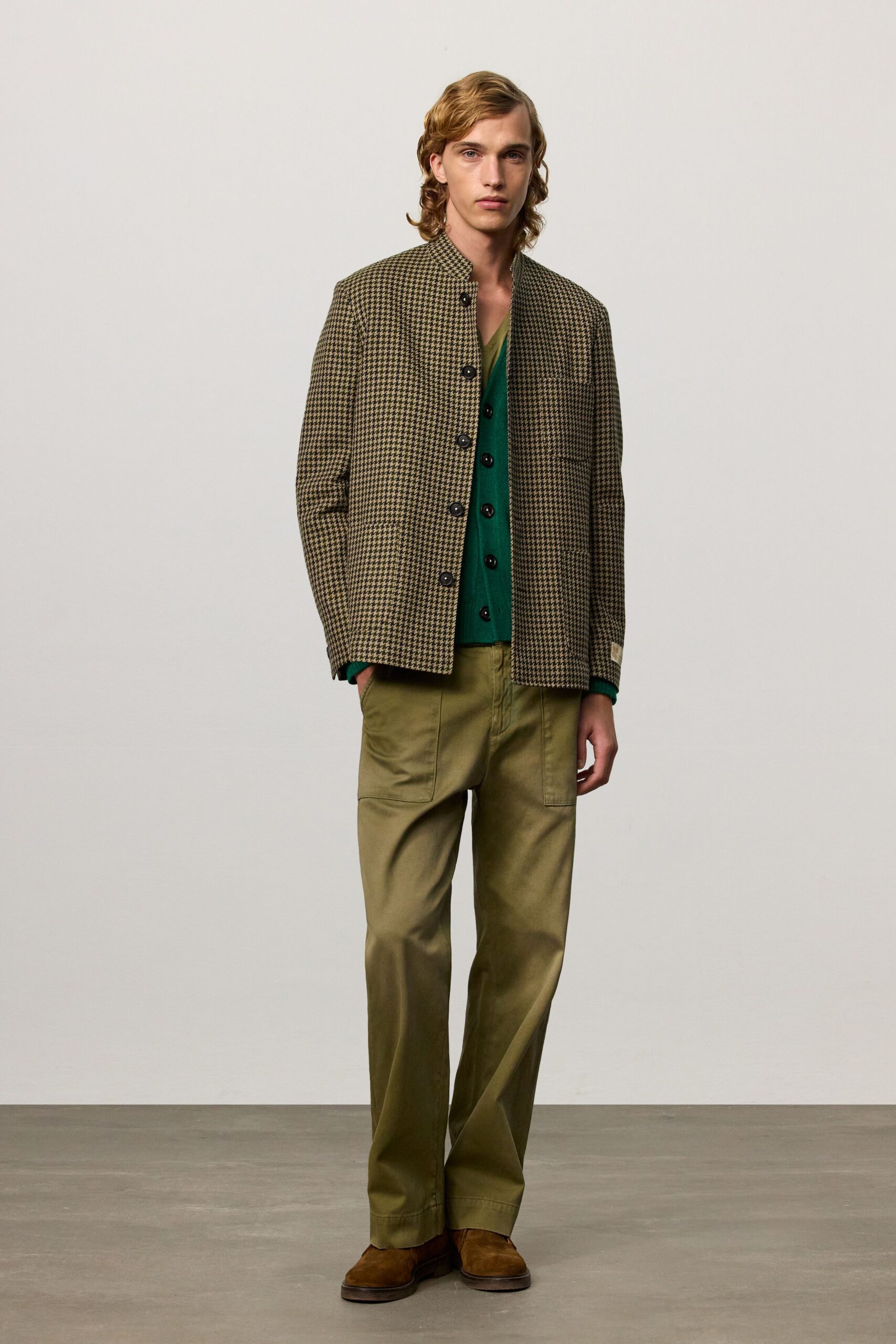 brown checked blazer with green shirt