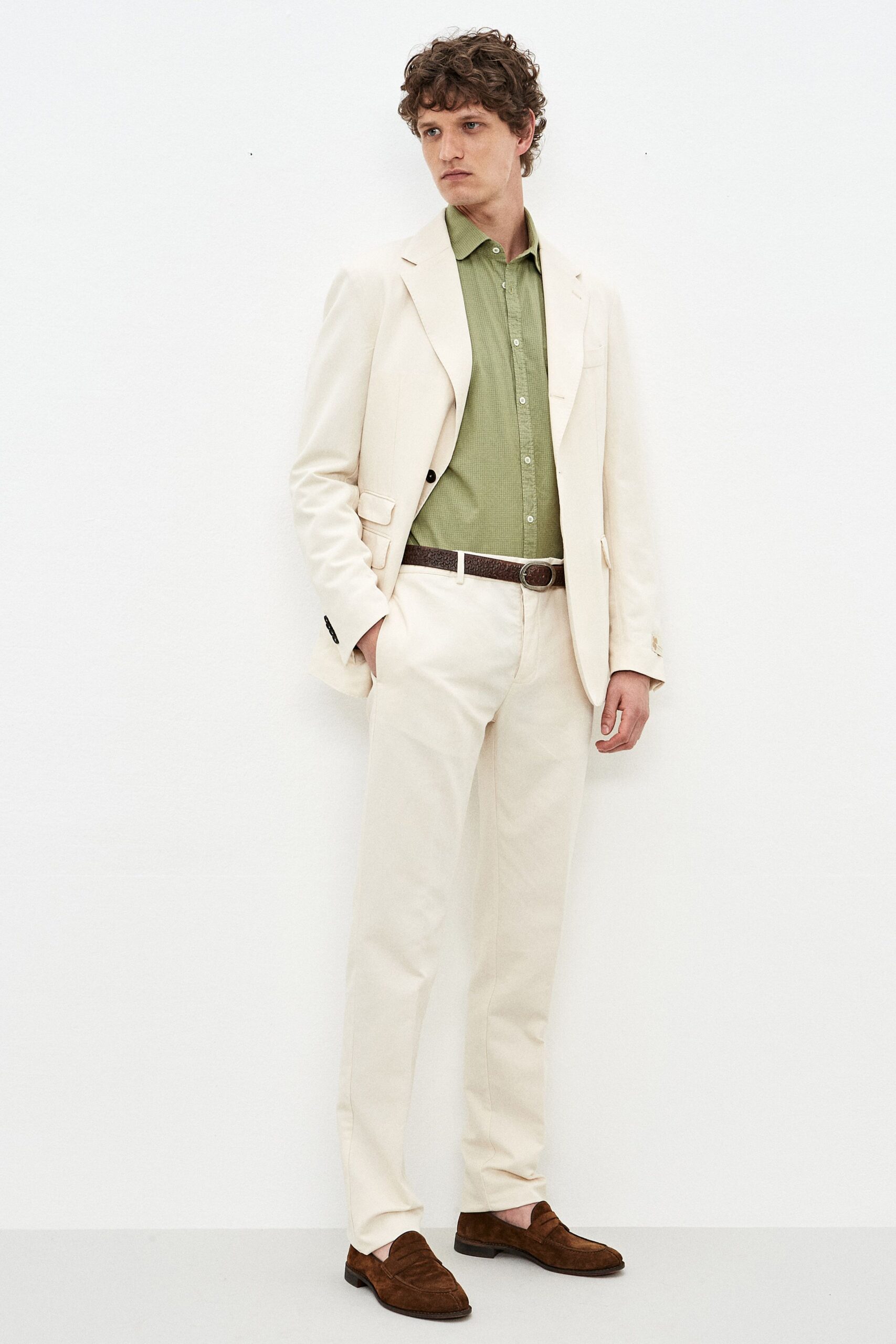 beige cotton long-sleeve collared tailored buttoned suit