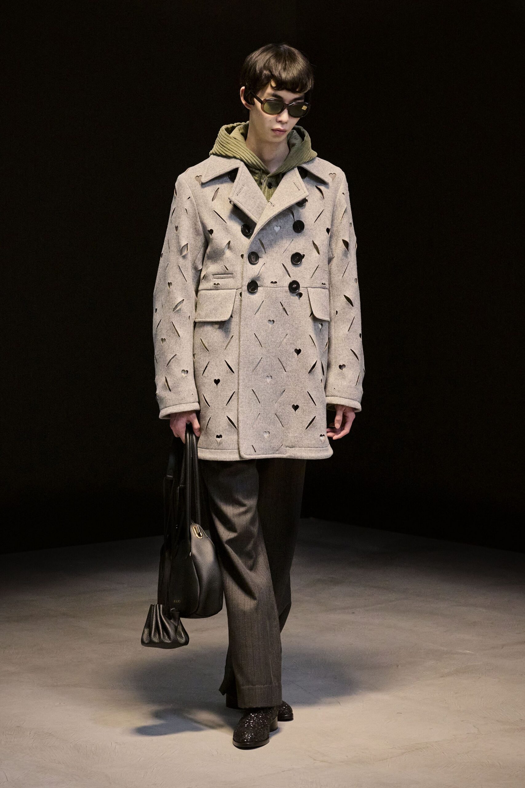 gray wool long-sleeve collared structured buttoned embroidered jacket