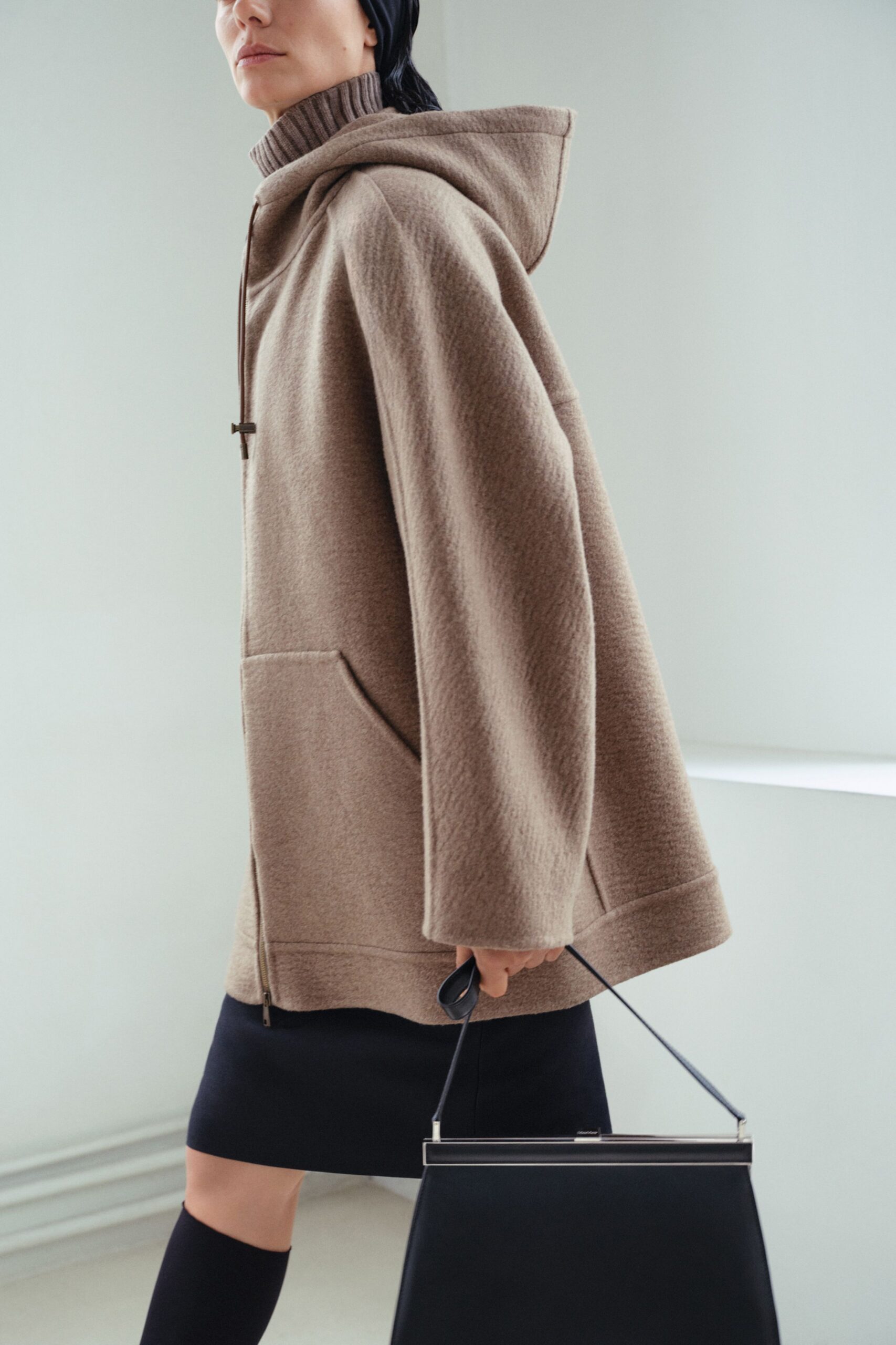 brown wool hooded relaxed zippered coat