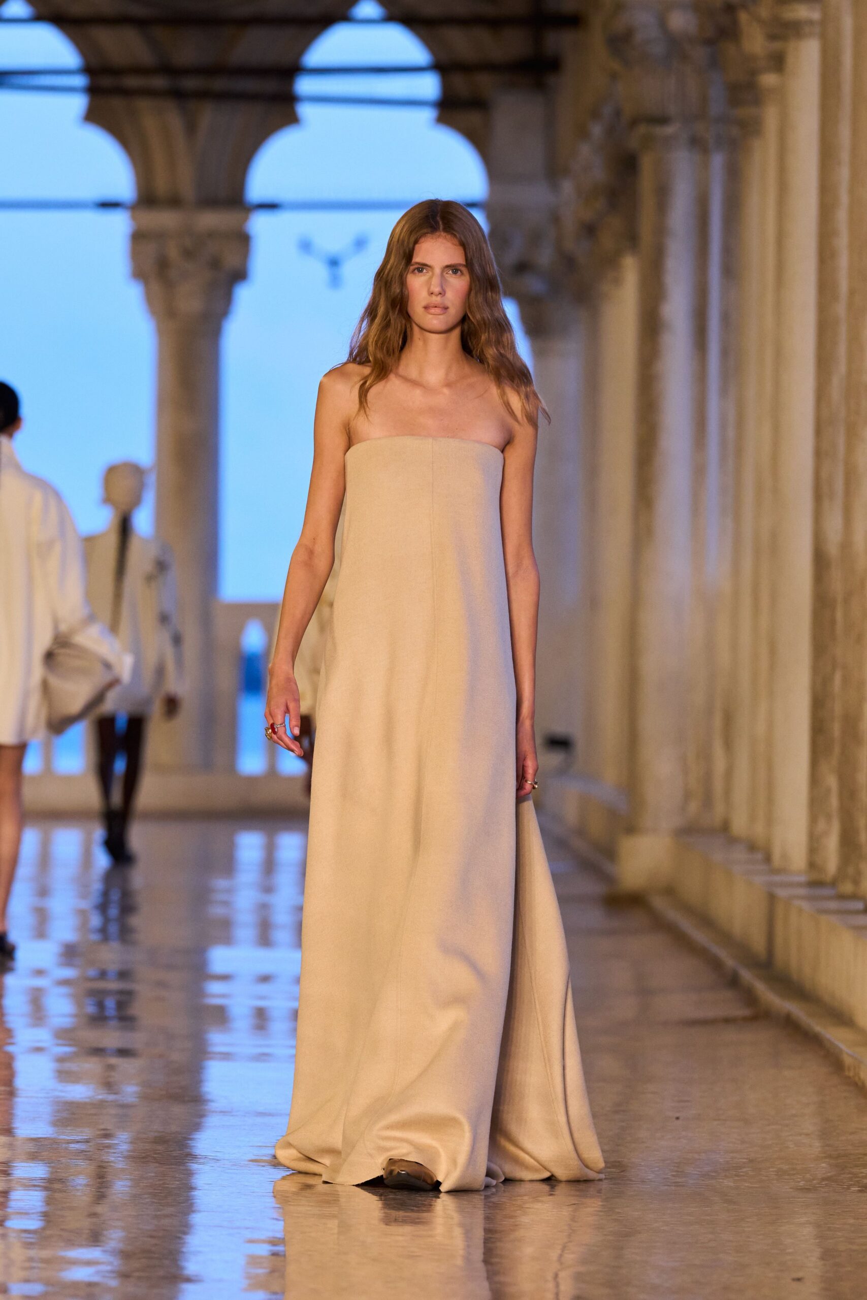 beige strapless wool gown