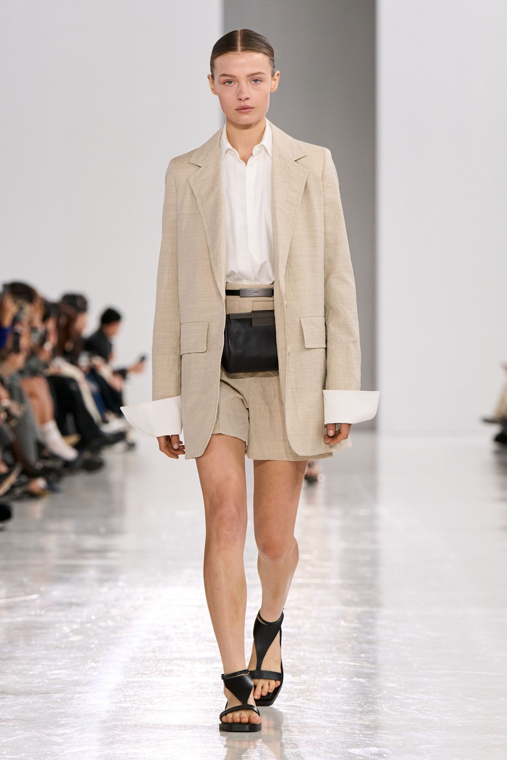beige blazer white shirt shorts