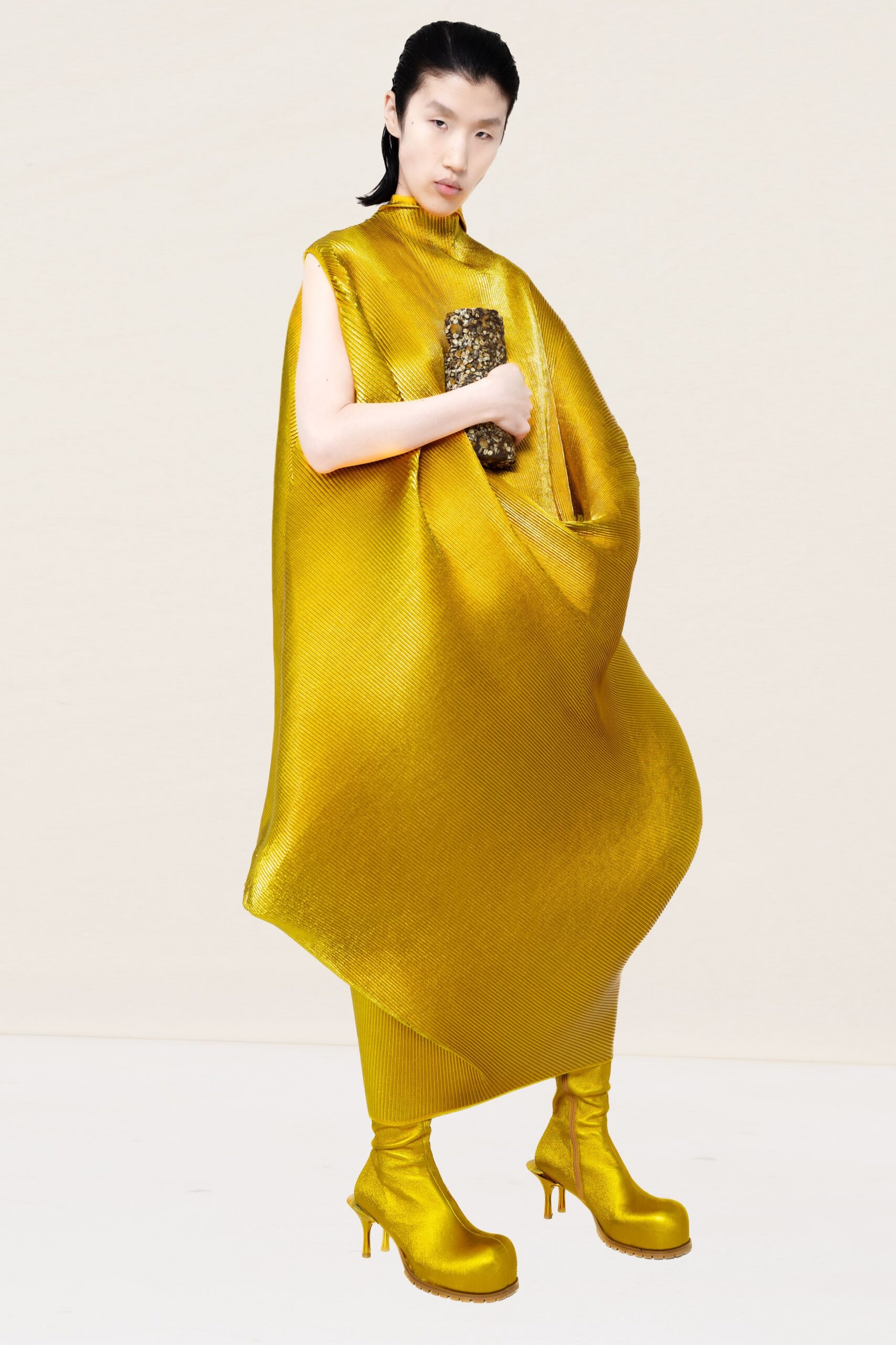 yellow silk sleeveless high-neck relaxed draped shiny dress