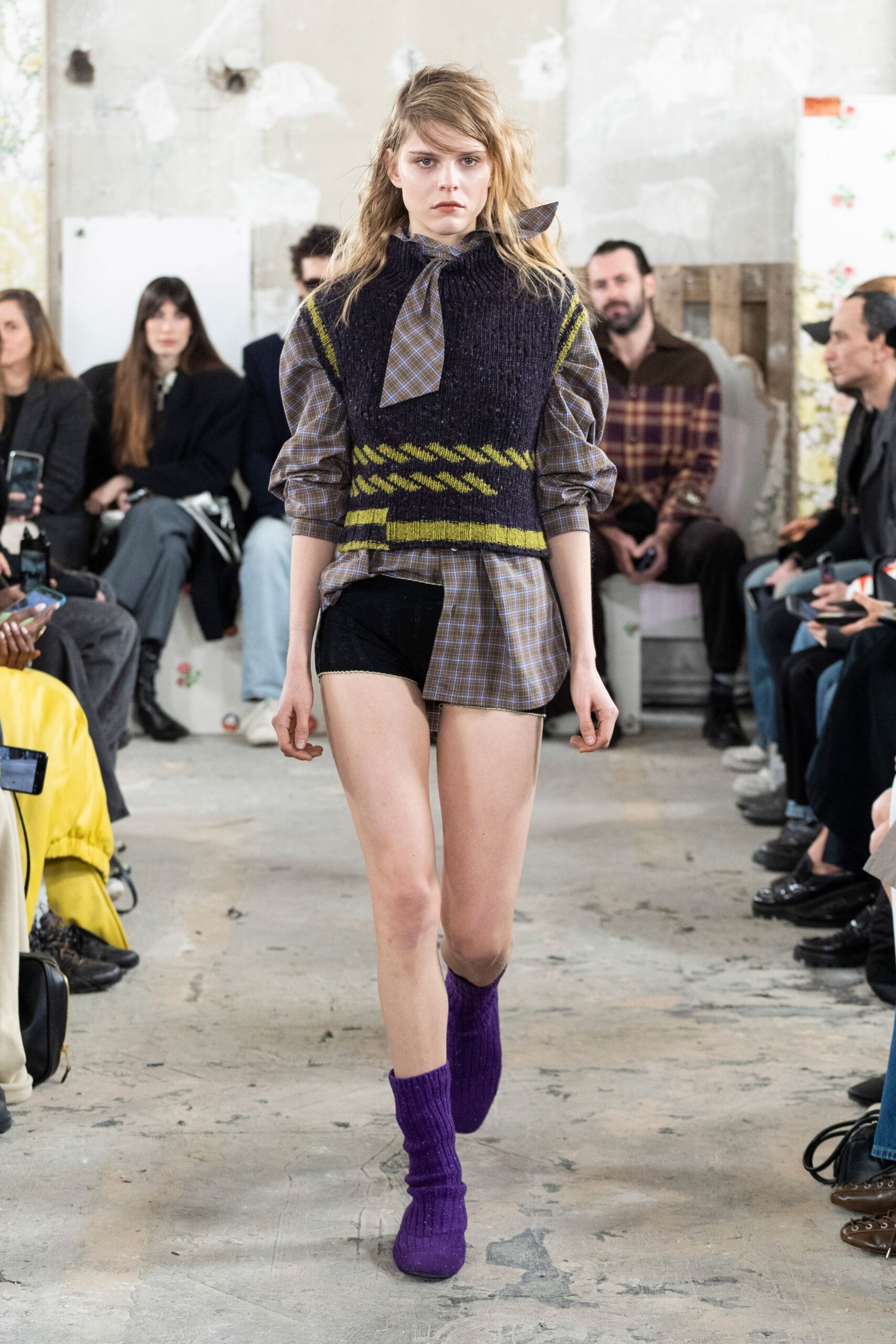 purple cotton long-sleeve collared relaxed checked layered top