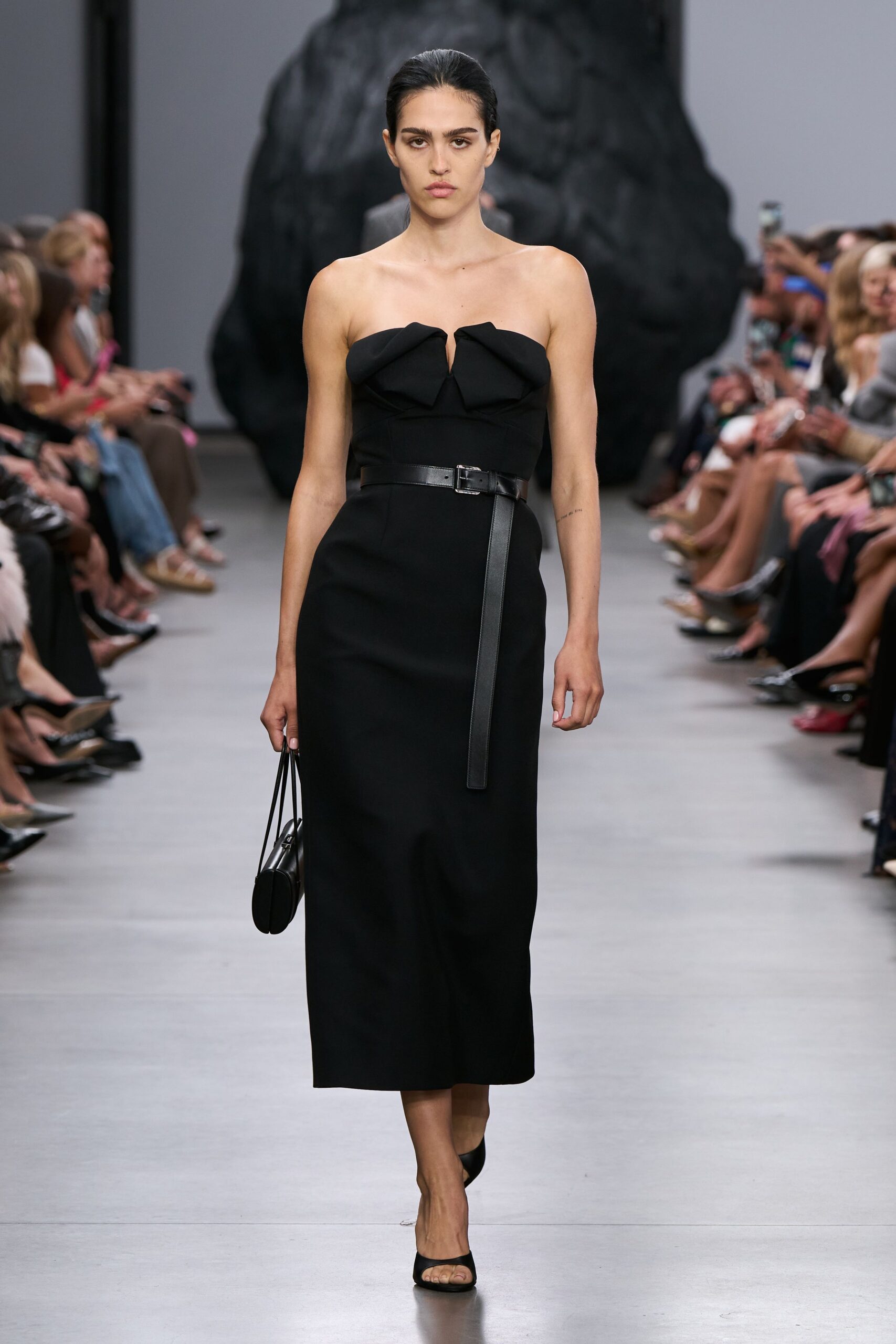 black cotton strapless v-neck fitted belted midi dress