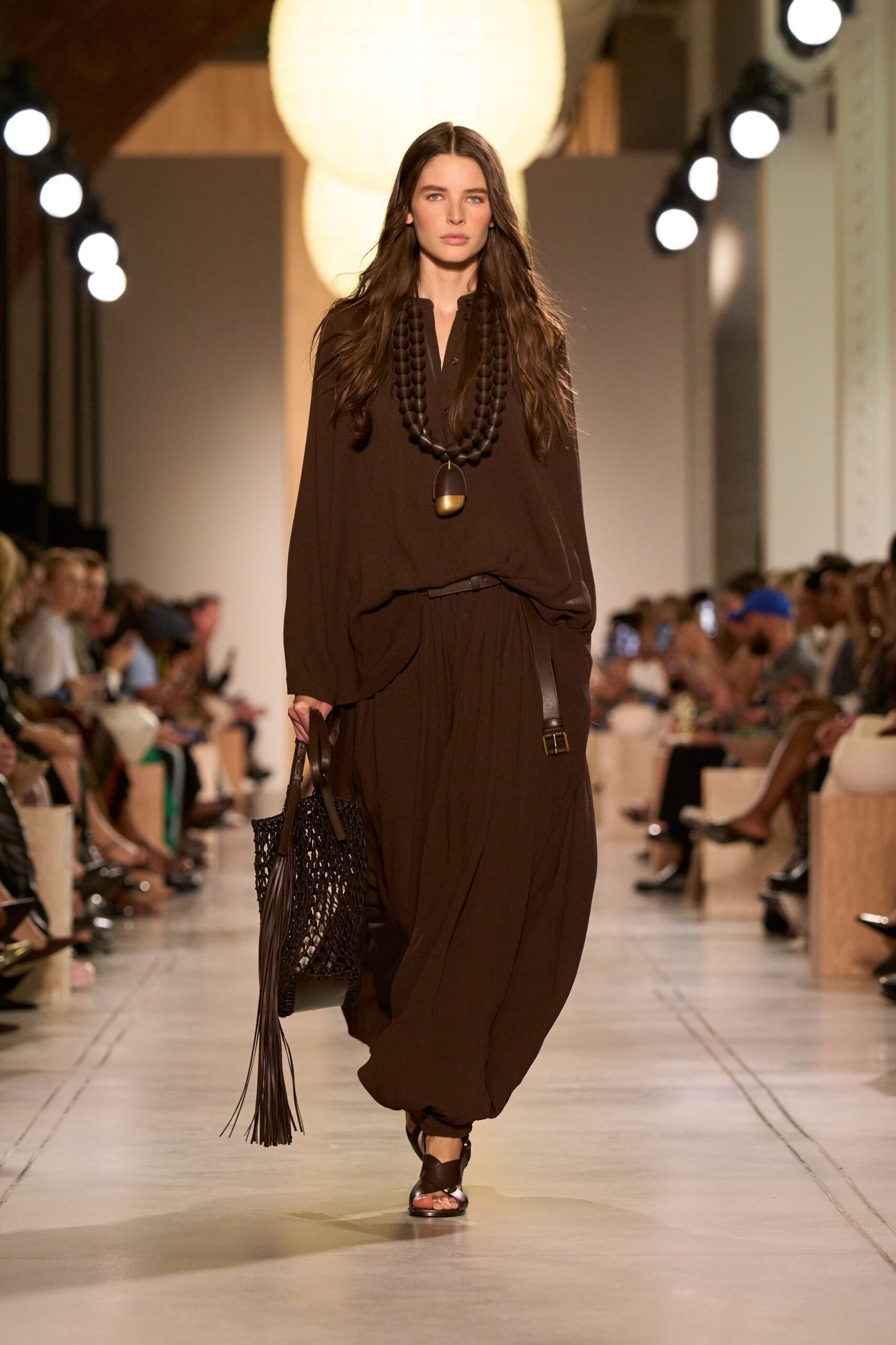 brown relaxed maxi dress with bag