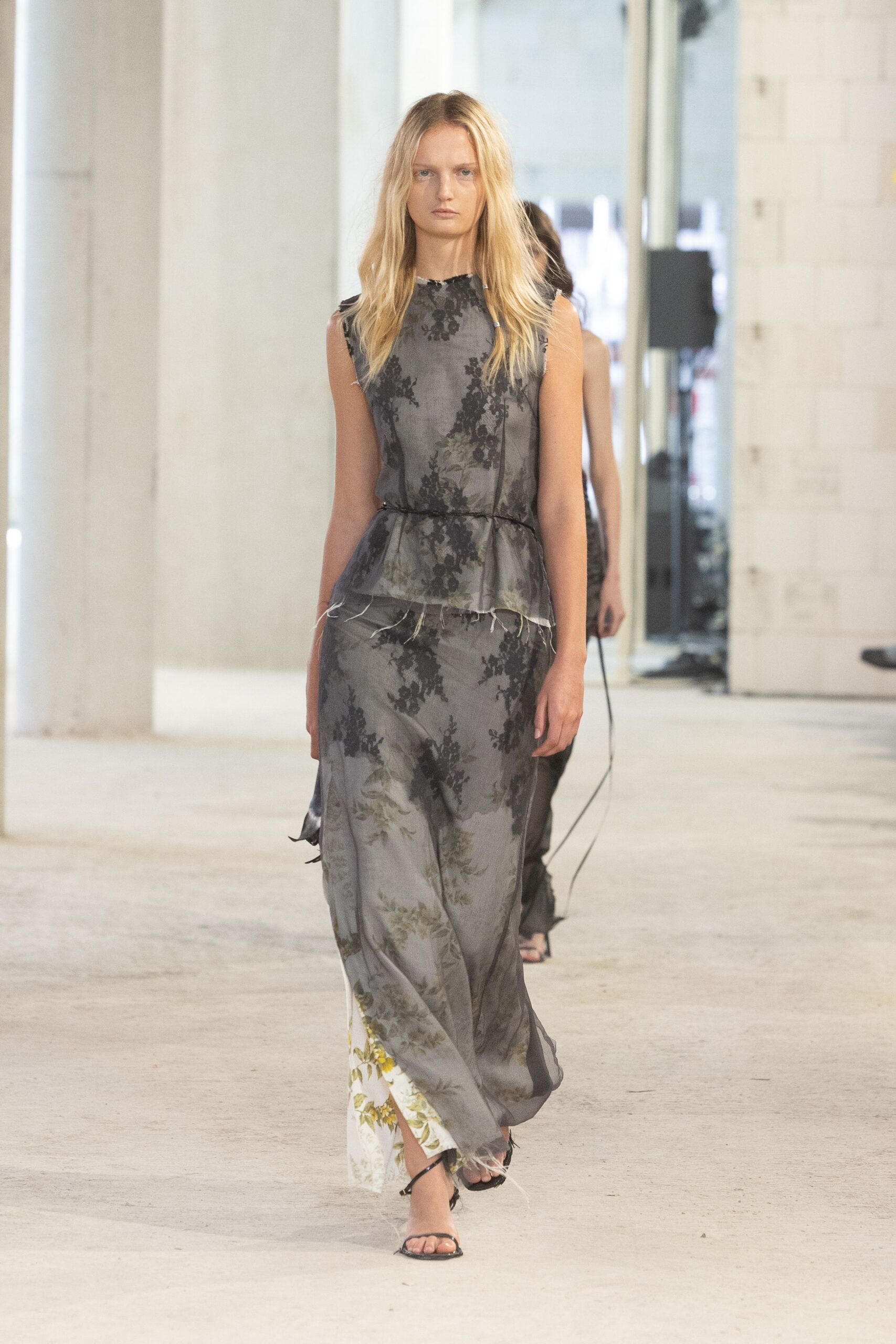 gray silk sleeveless v-neck fitted floral layered dress