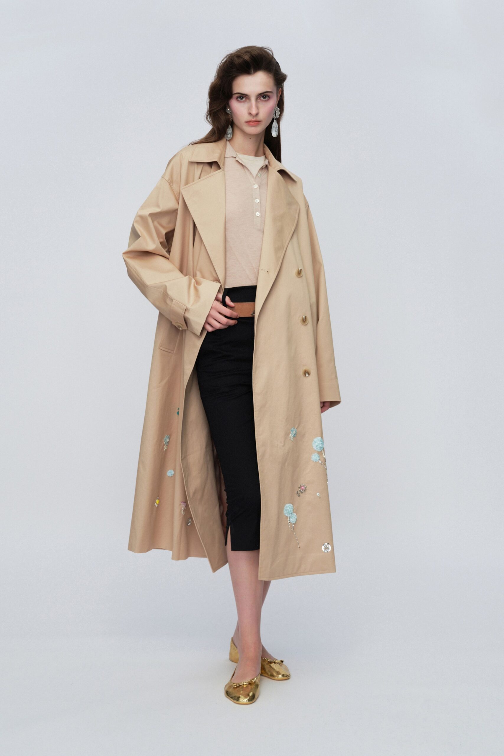 beige cotton long-sleeve collared oversized embroidered maxi trench