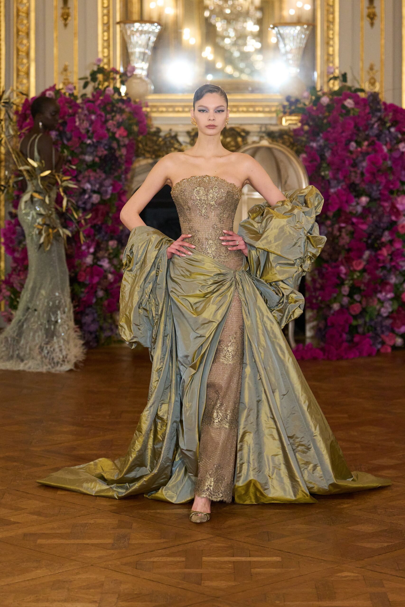 gold silk strapless fitted embellished draped shiny gown