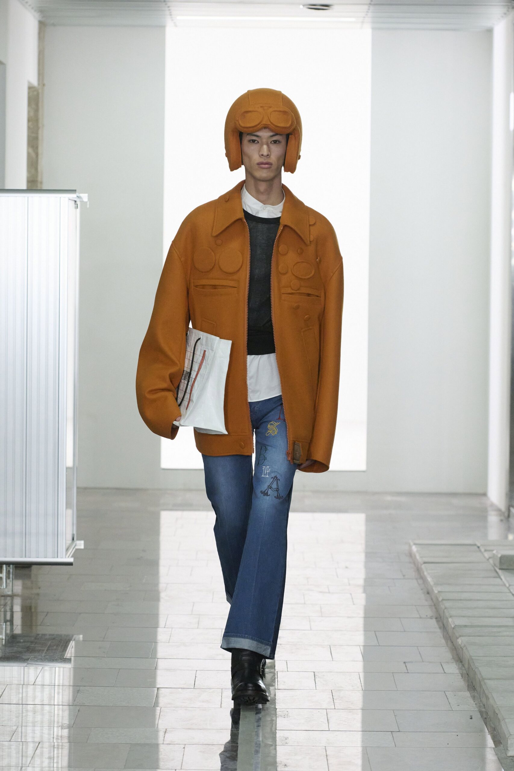 orange oversized jacket with black top