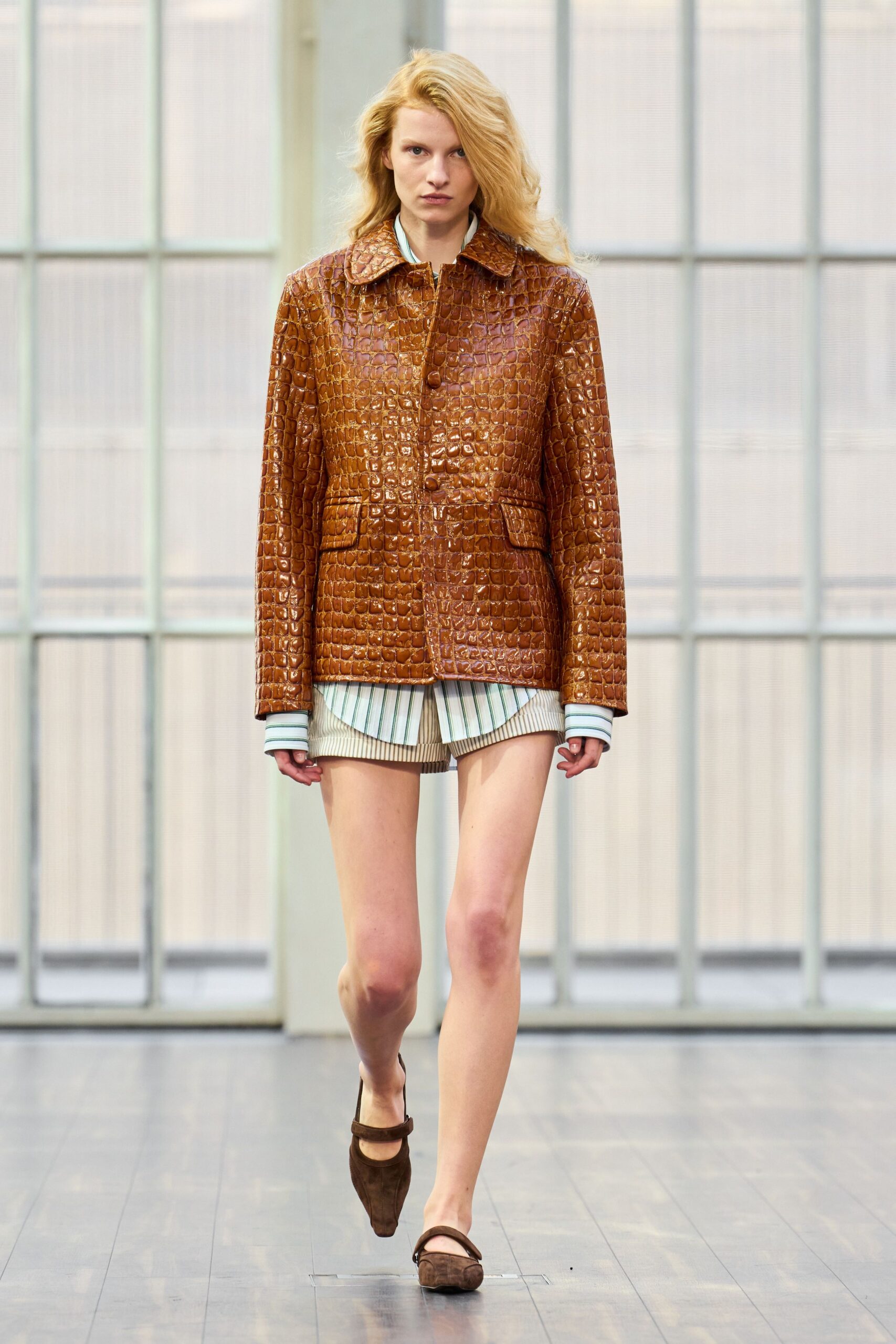 brown leather long-sleeve collared relaxed textured jacket