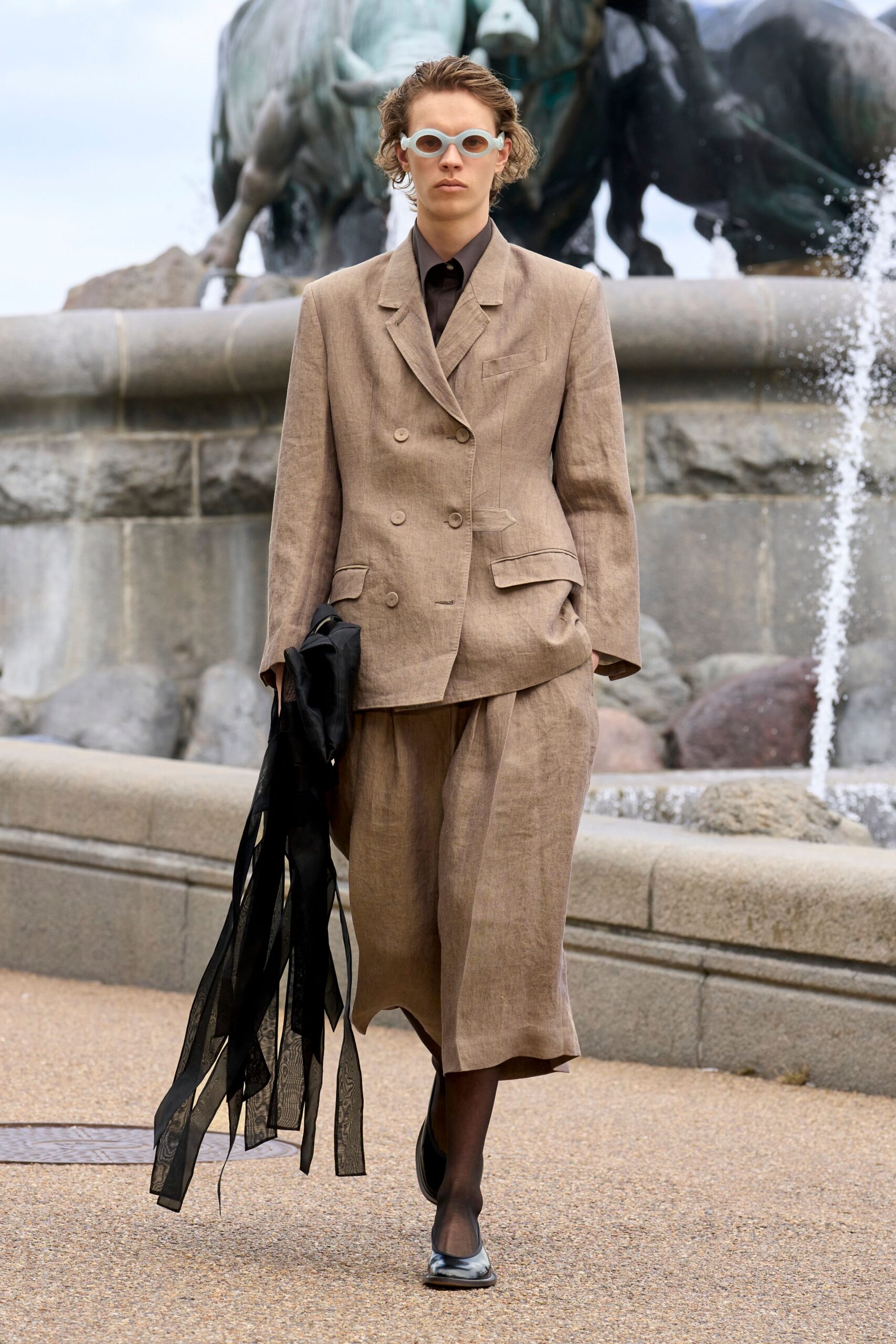 beige linen long-sleeve collared tailored buttoned suit