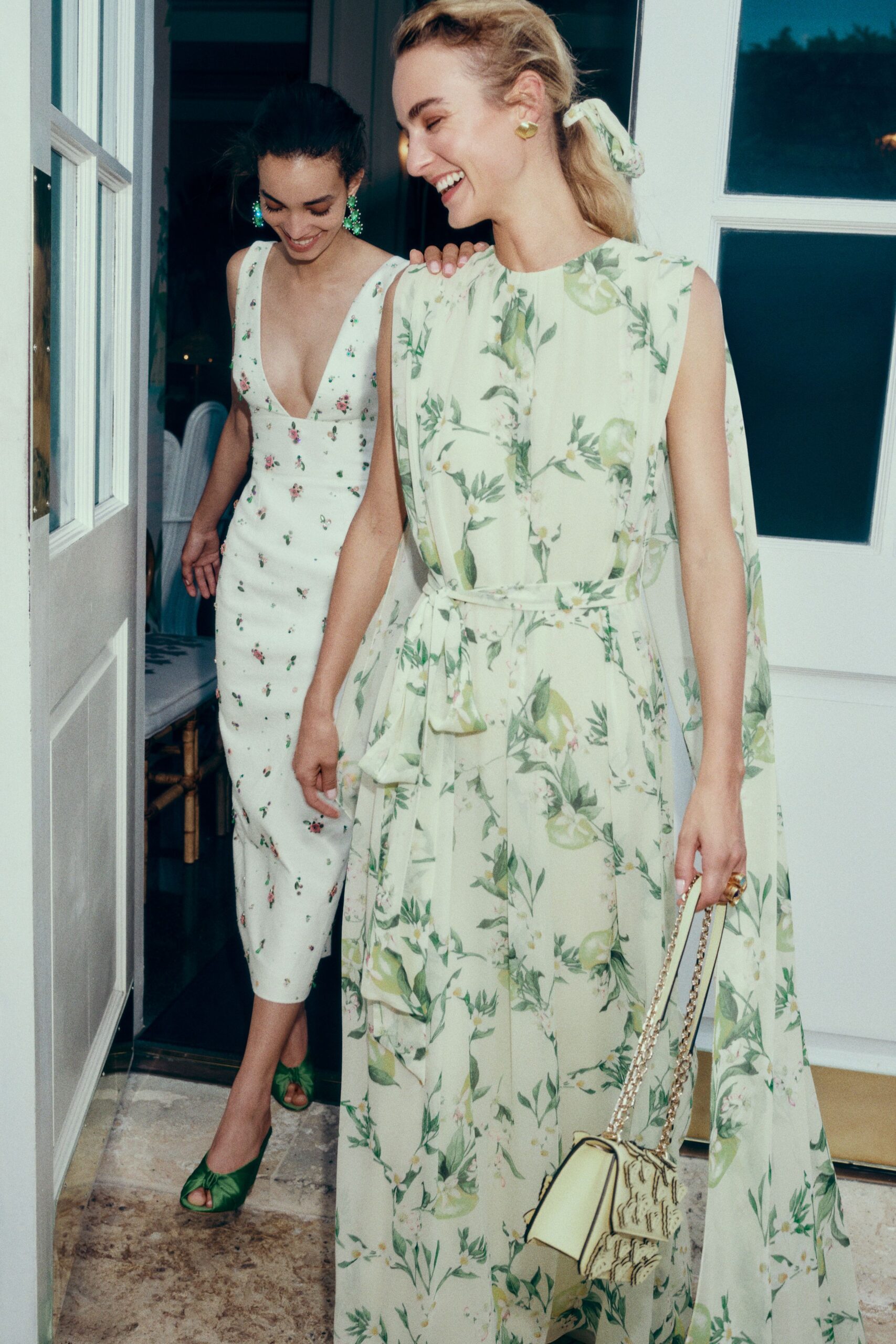 green silk sleeveless v-neck relaxed floral draped gown