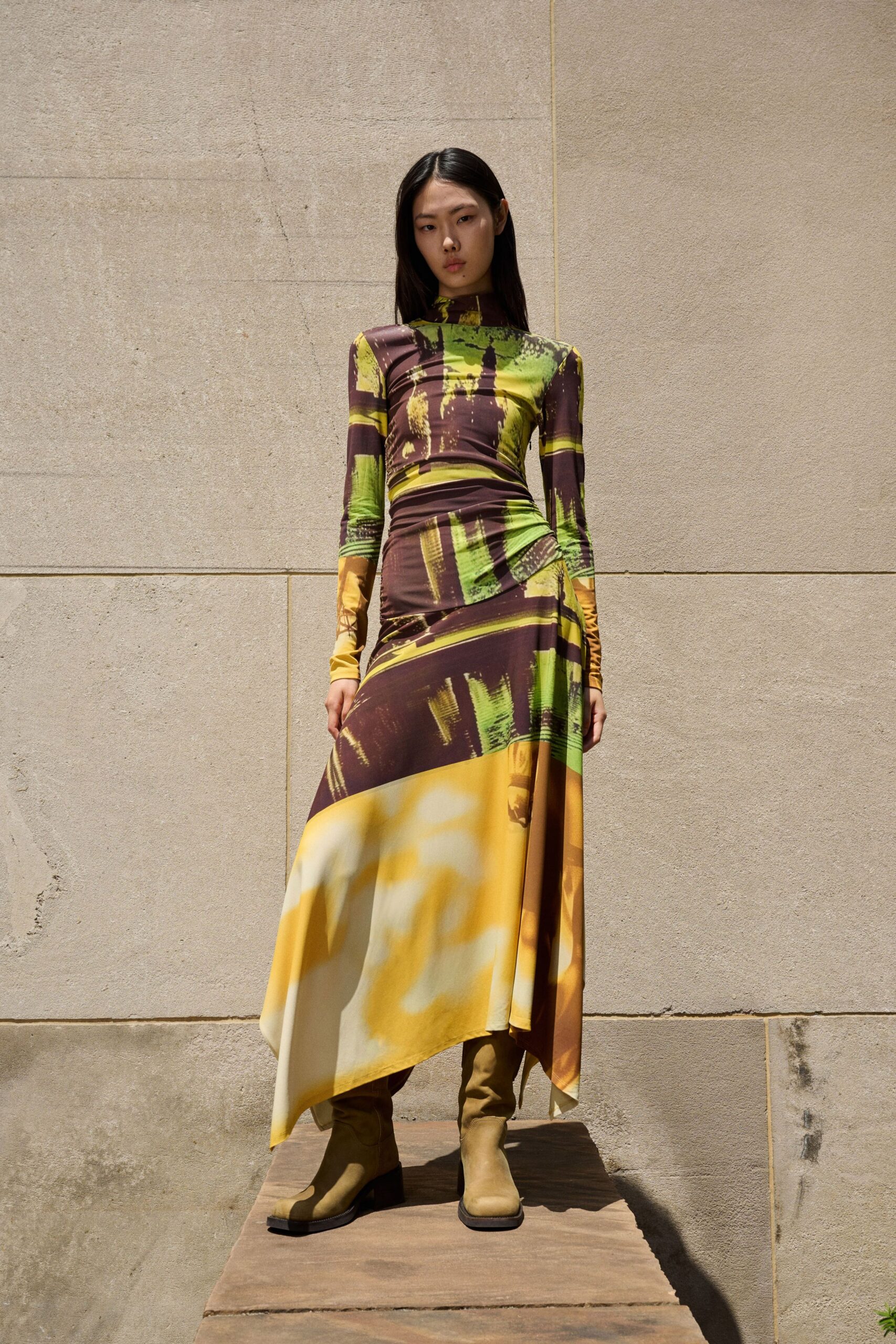 asymmetric printed maxi dress with boots
