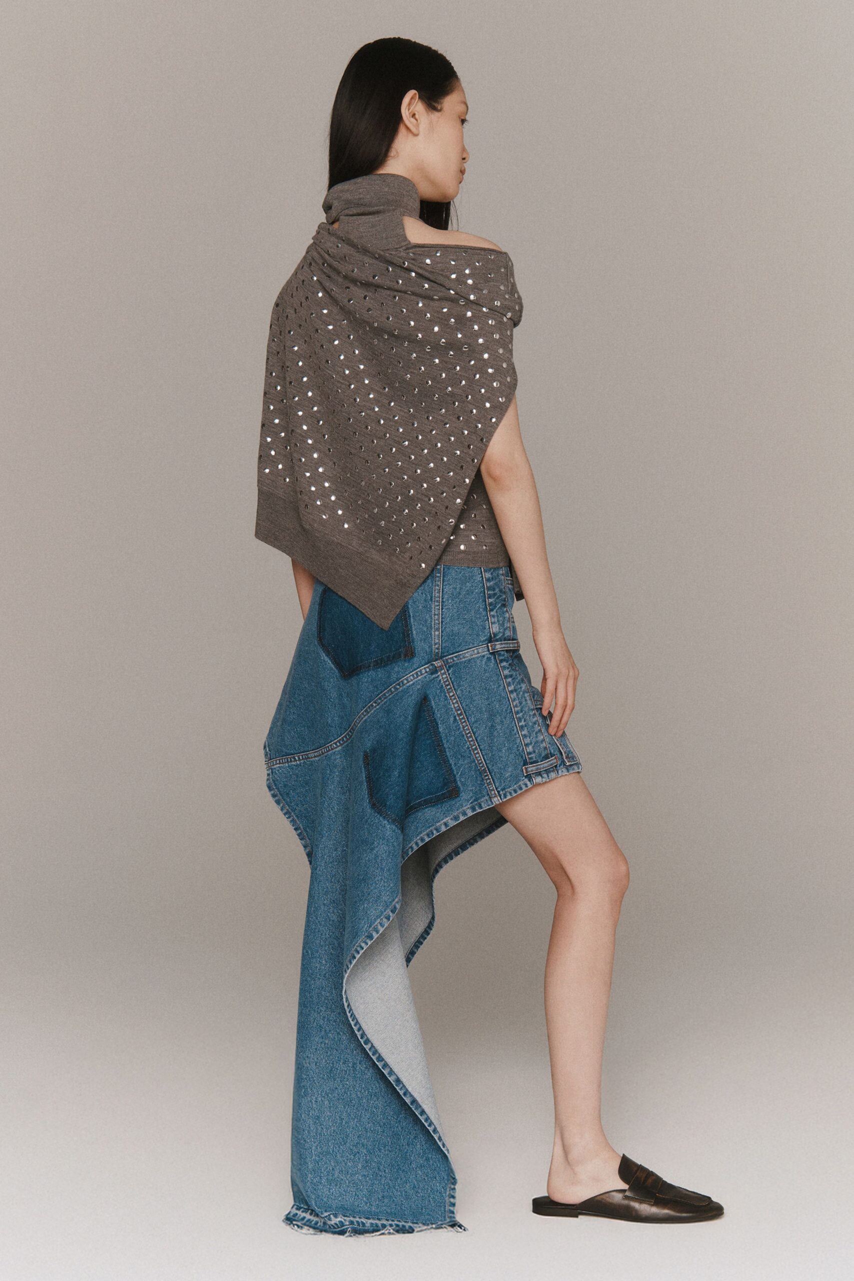 blue denim asymmetric fitted layered skirt