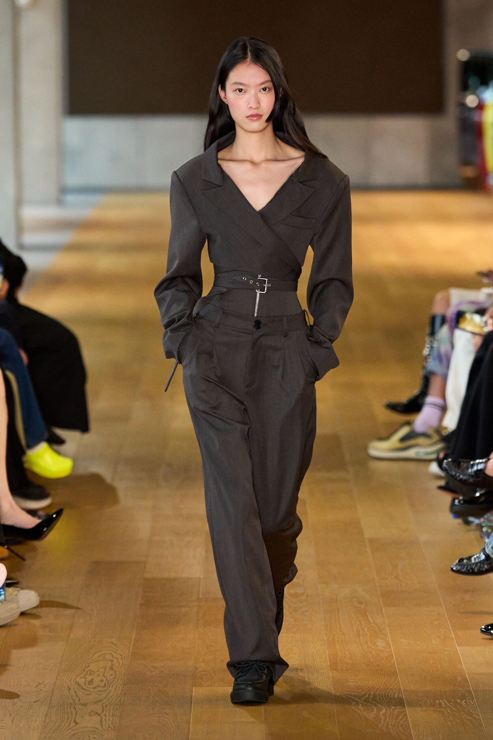 gray cotton long-sleeve collared fitted belted zippered jumpsuit