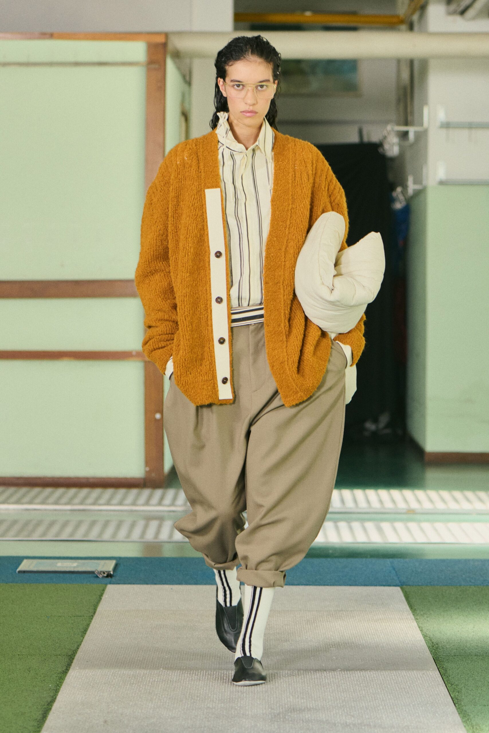 oversized orange cardigan with relaxed shirt and pants