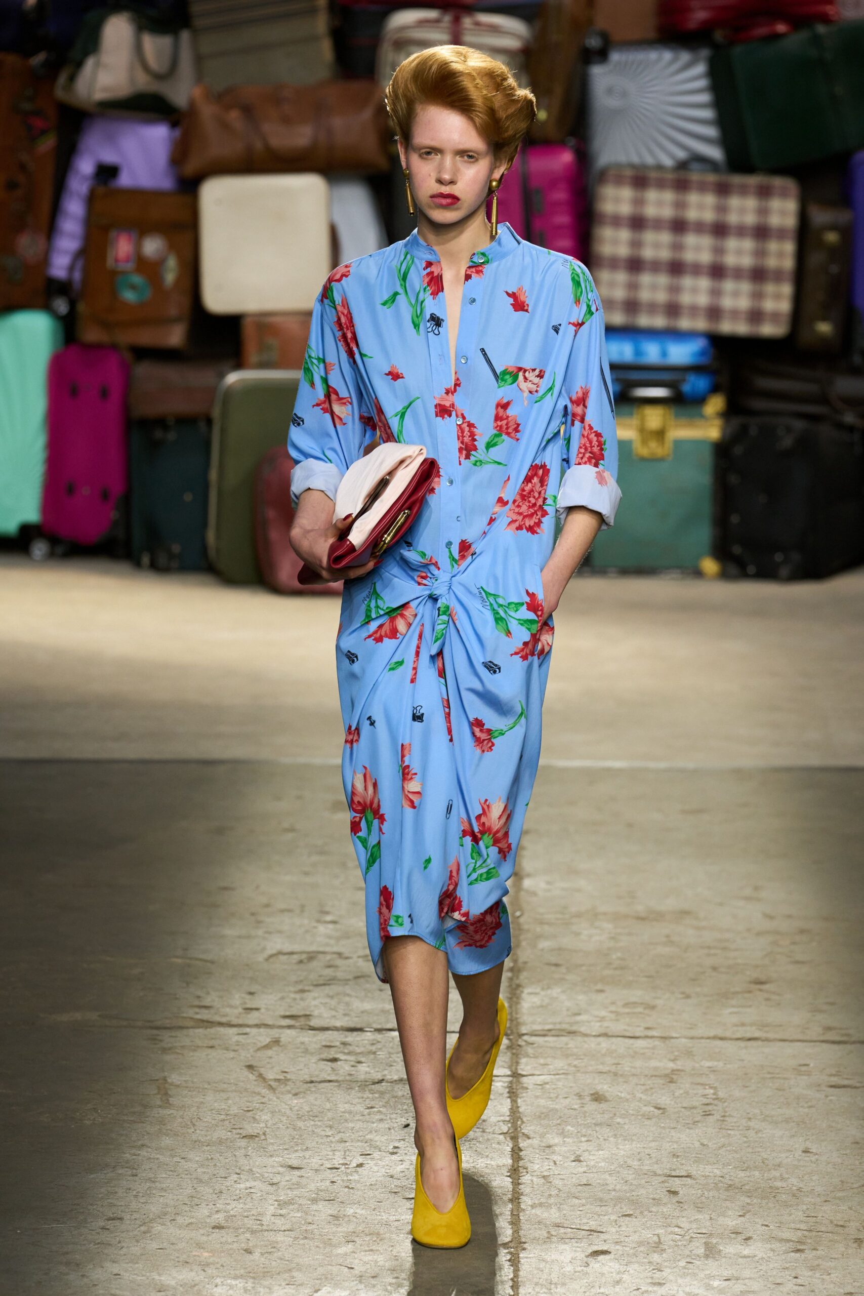 blue cotton long-sleeve collared relaxed floral buttoned shirt-dress
