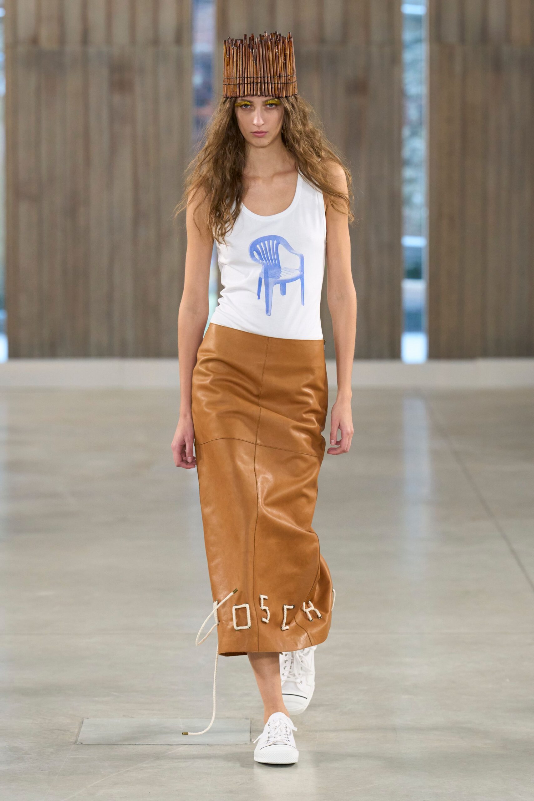 brown leather long-sleeve fitted straight-leg midi skirt