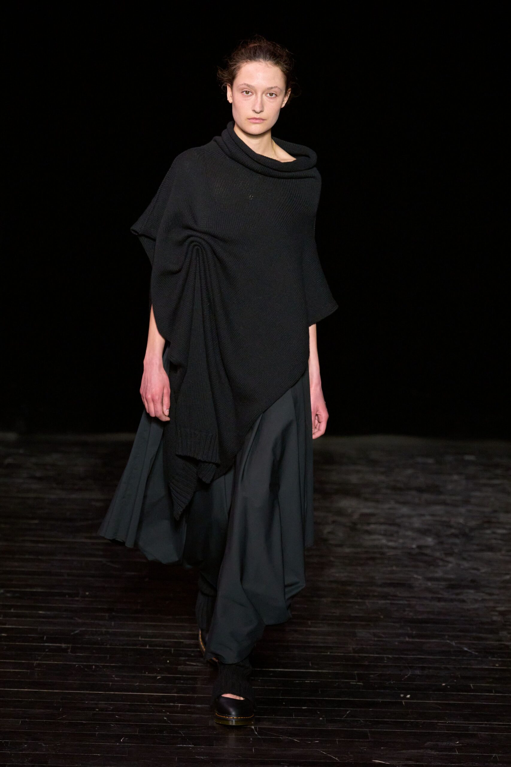 black wool sleeveless high-neck relaxed draped poncho