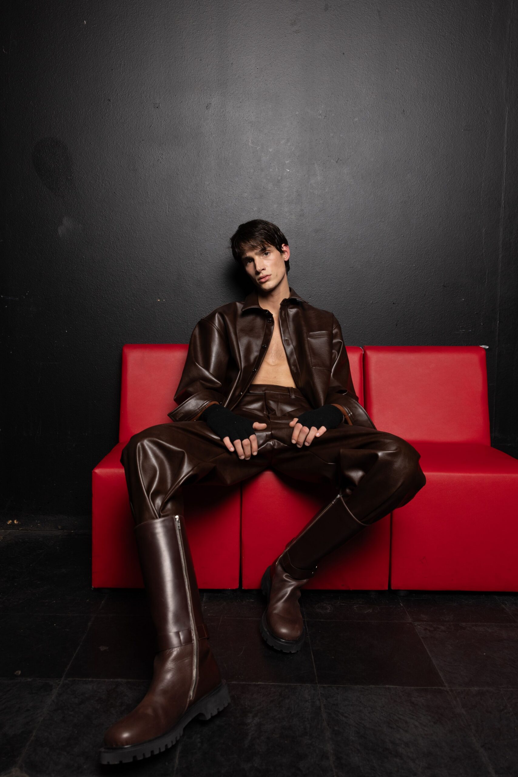 brown vinyl fitted pants