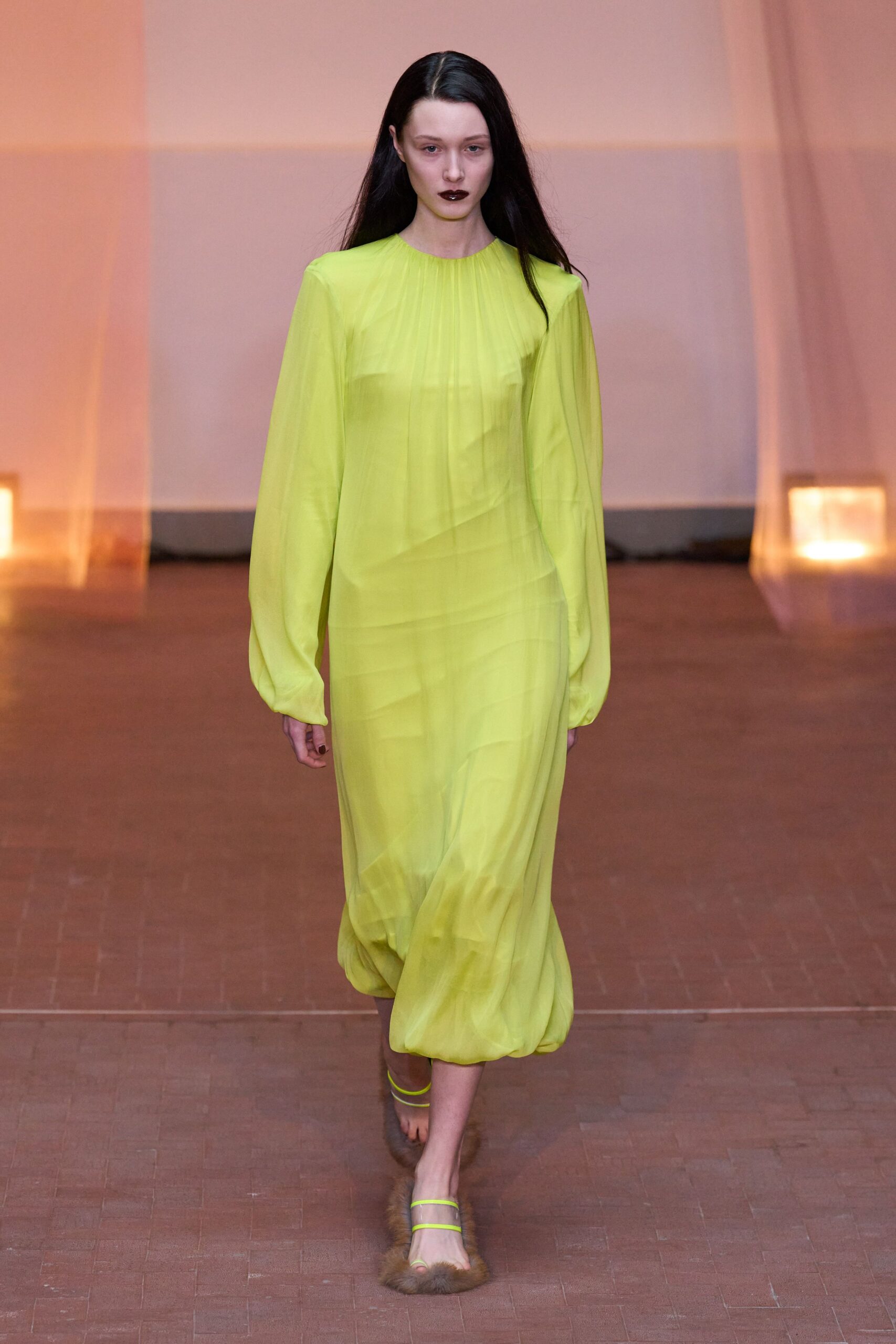 yellow chiffon long-sleeve high-neck relaxed pleated draped dress