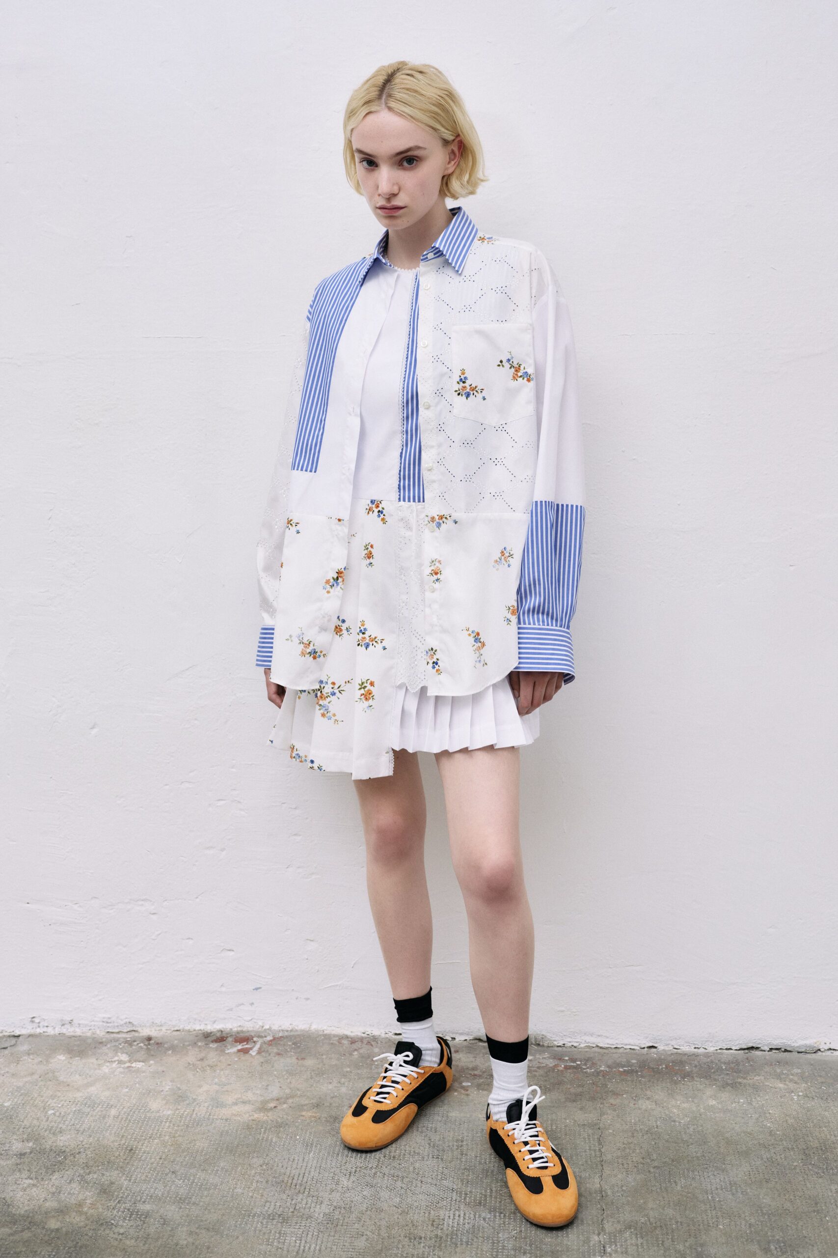 white cotton long-sleeve collared relaxed embroidered layered shirt