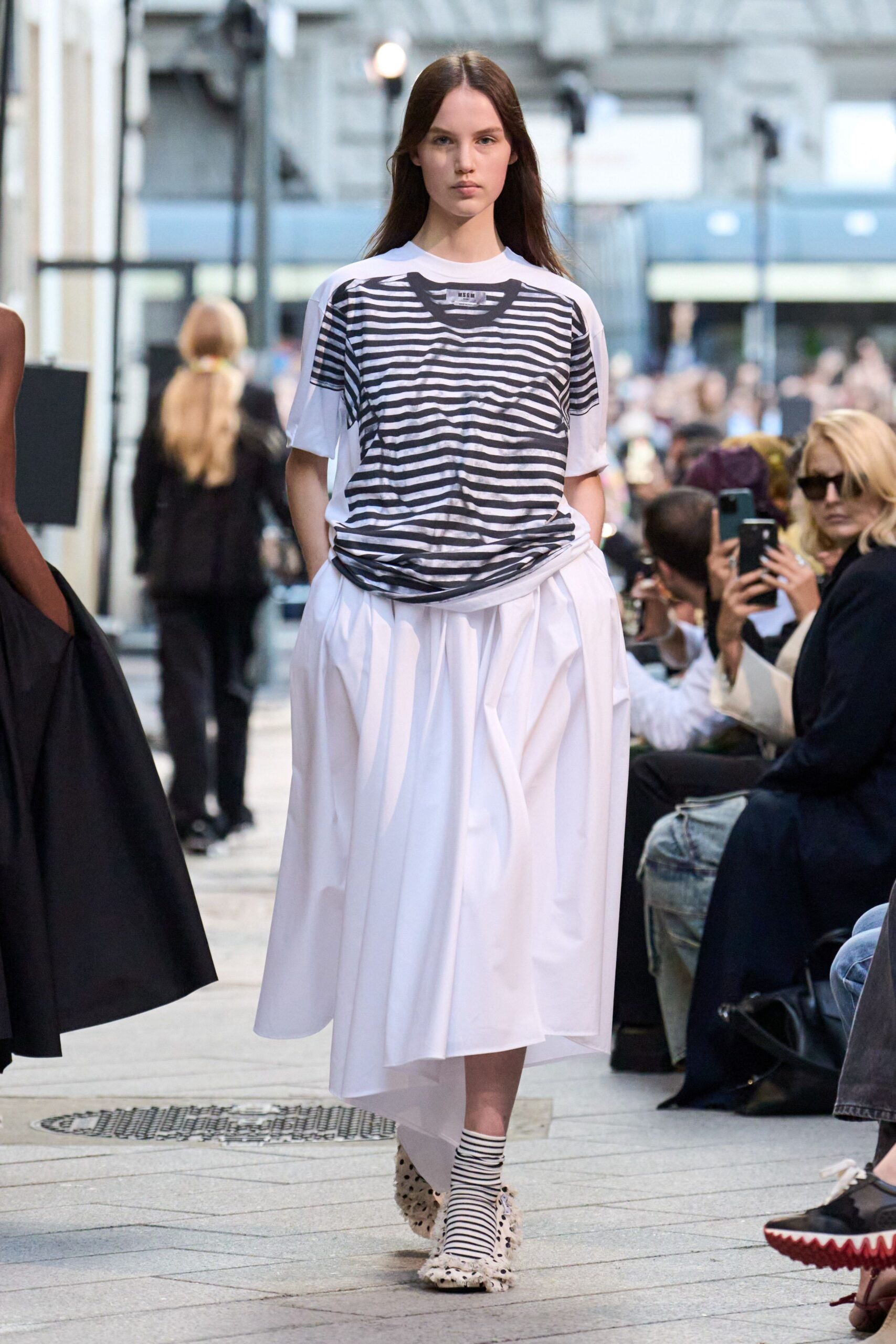 striped top white pleated skirt