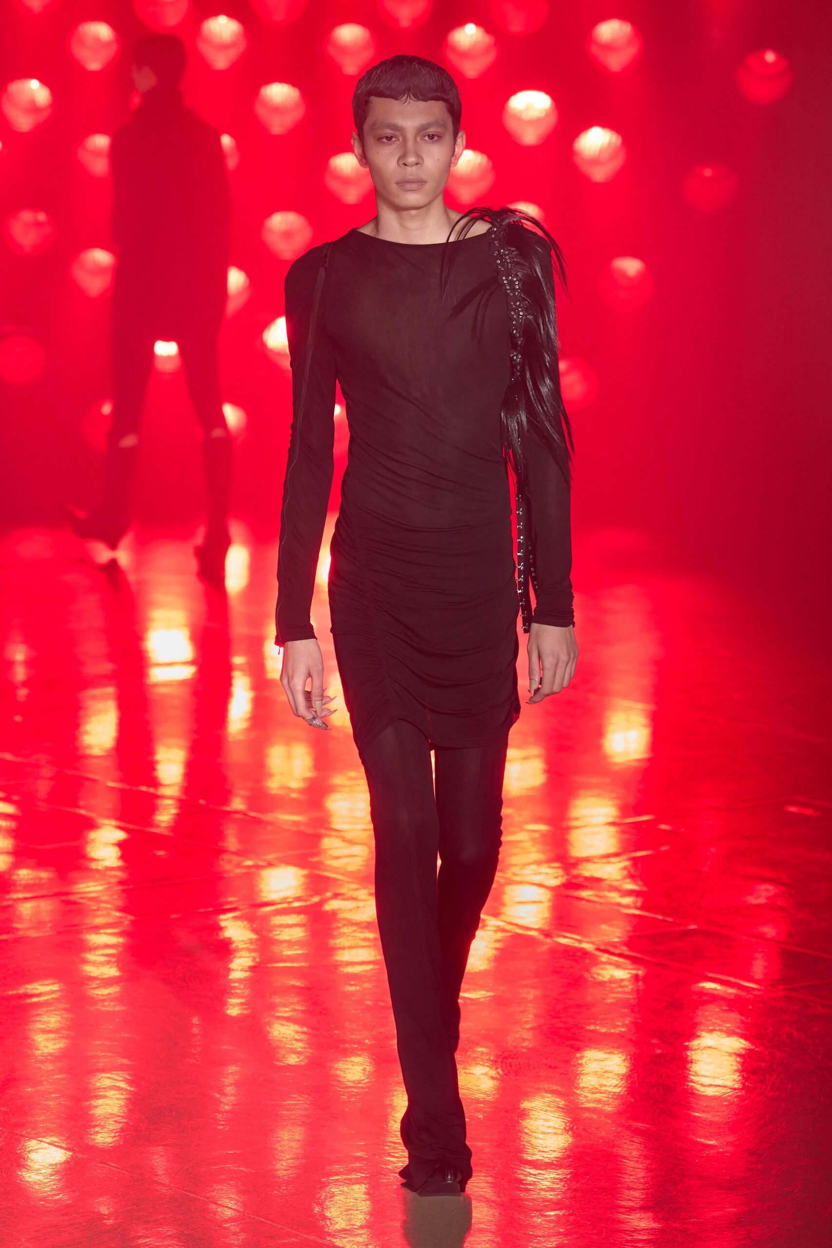 black silk long-sleeve v-neck fitted ruched sheer dress