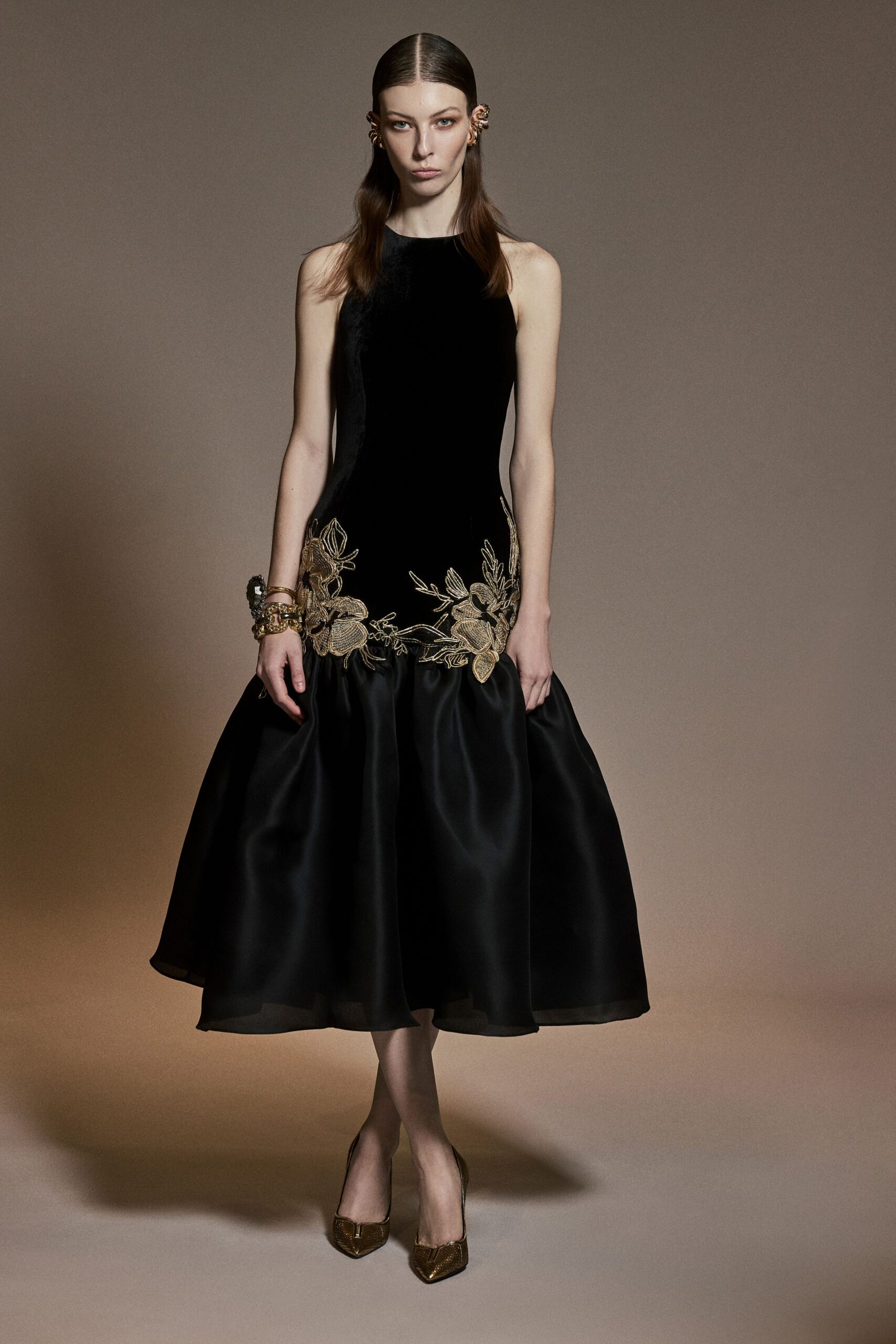 black silk embroidered midi dress