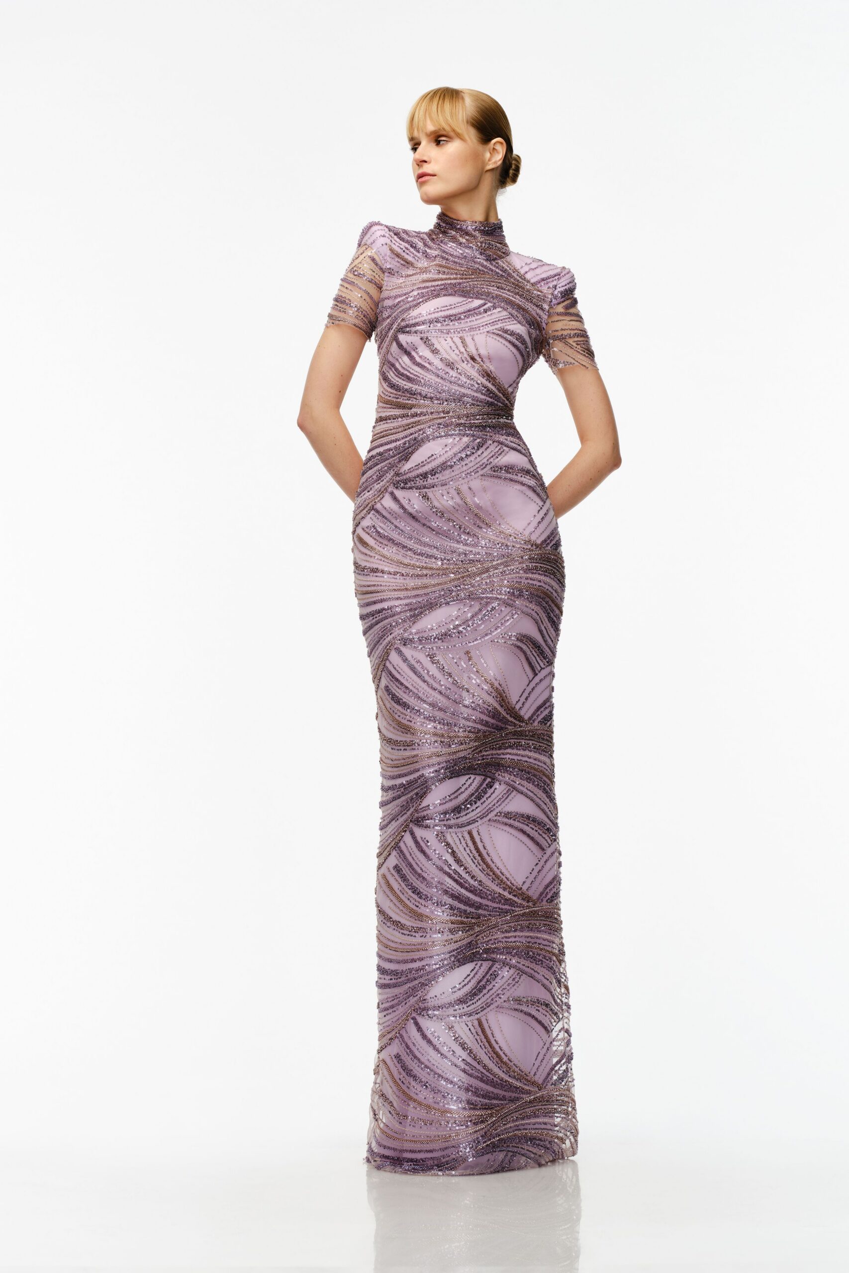 purple embellished high-neck gown