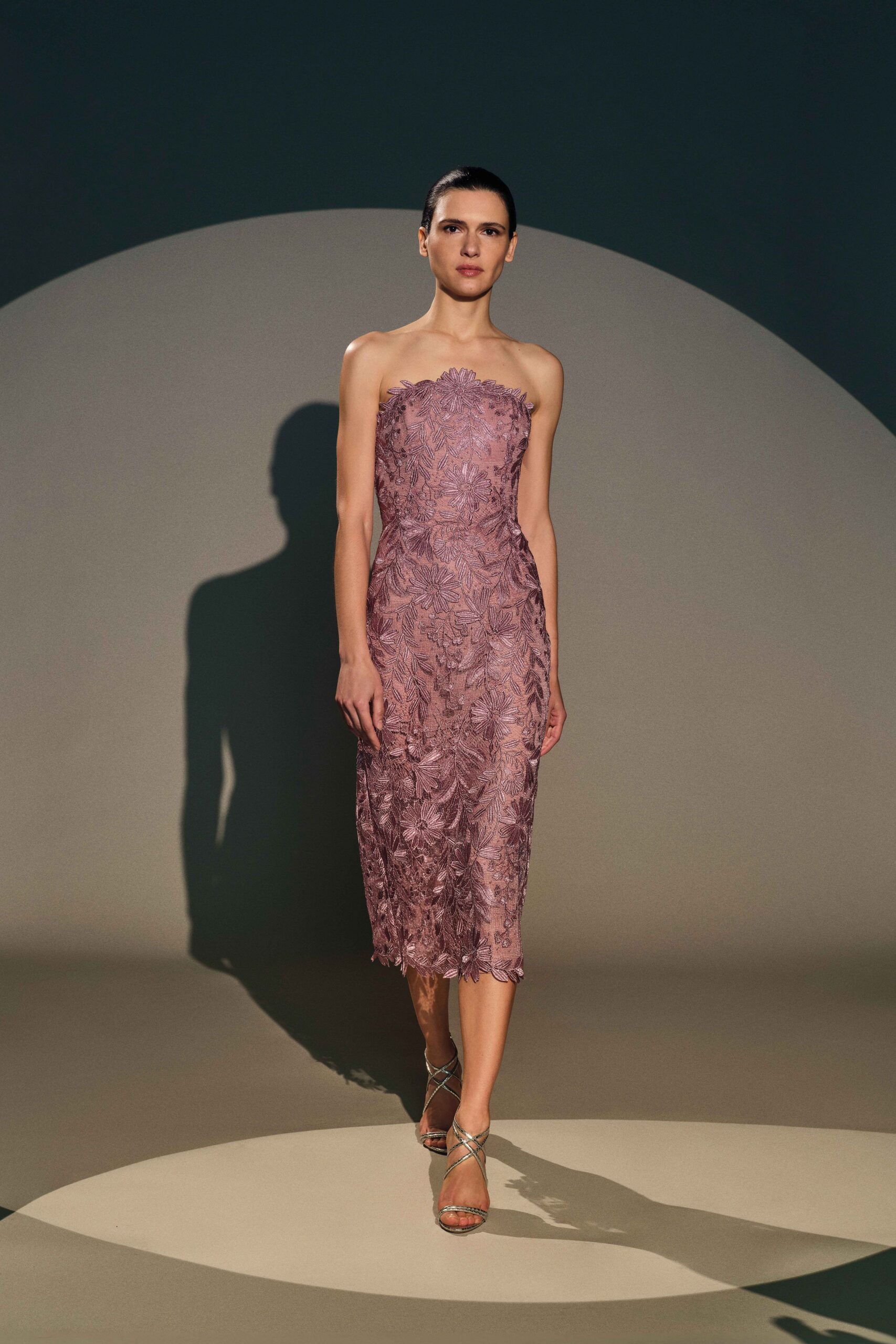 purple lace strapless fitted embroidered midi dress