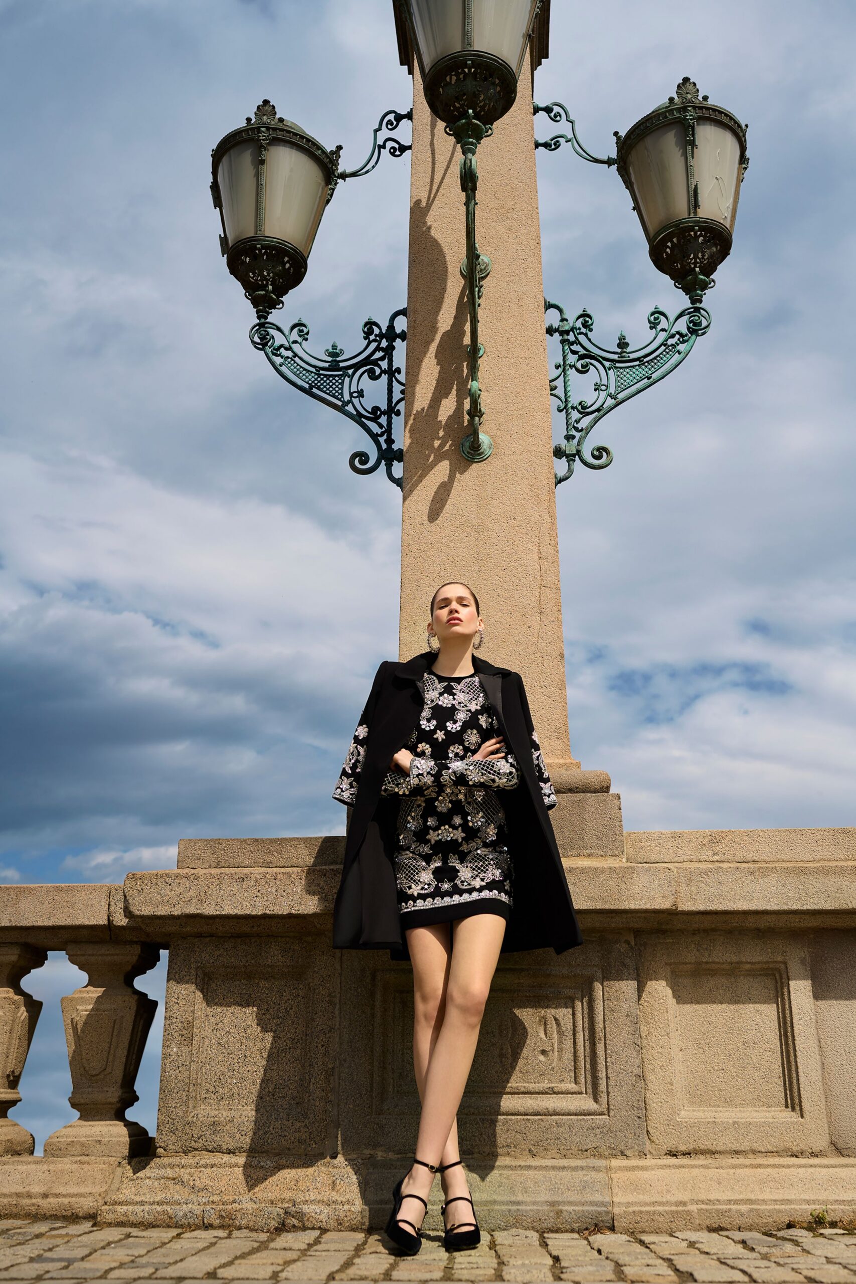 black silk long-sleeve v-neck fitted embroidered flared dress