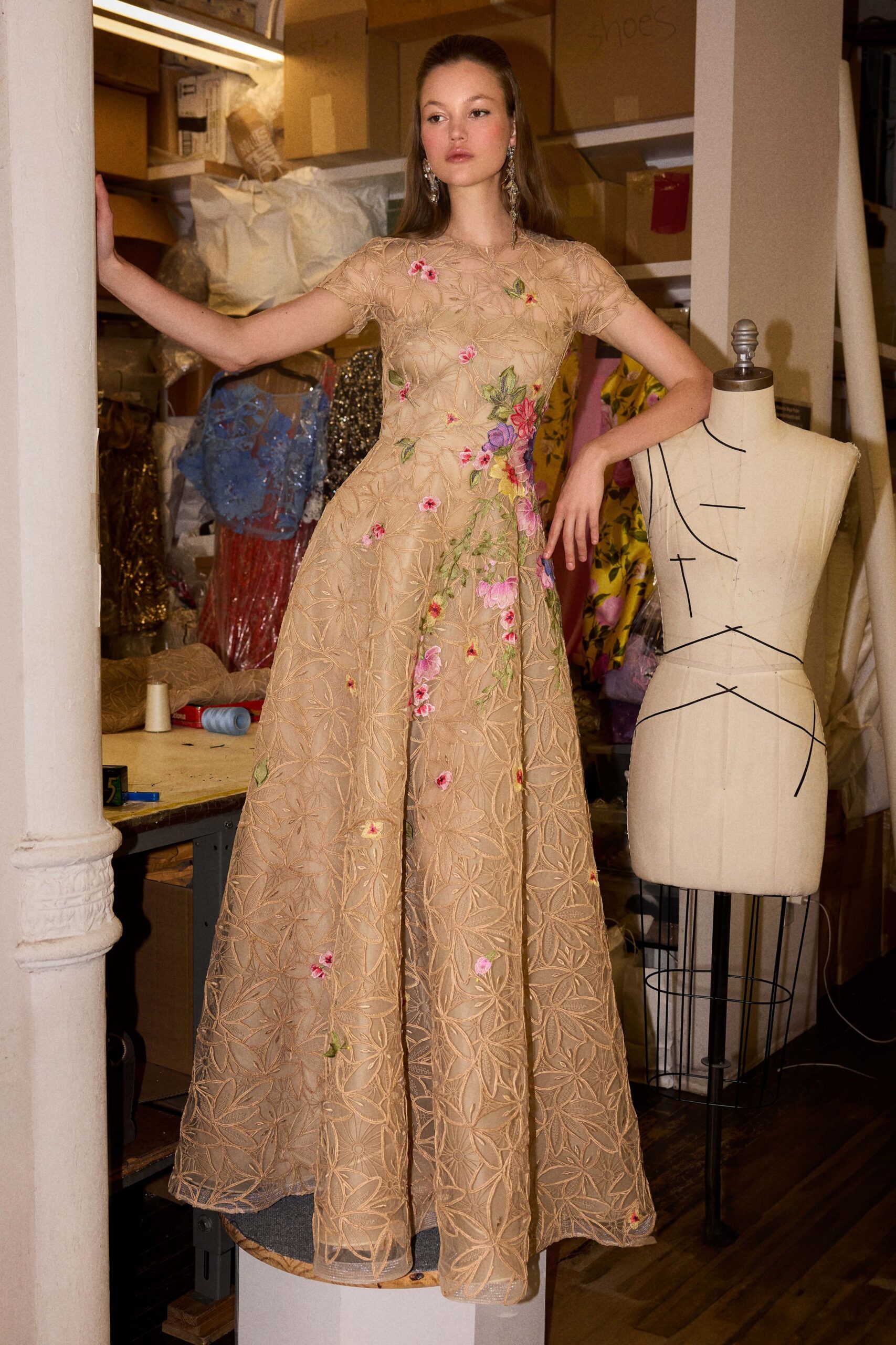 beige lace embroidered gown