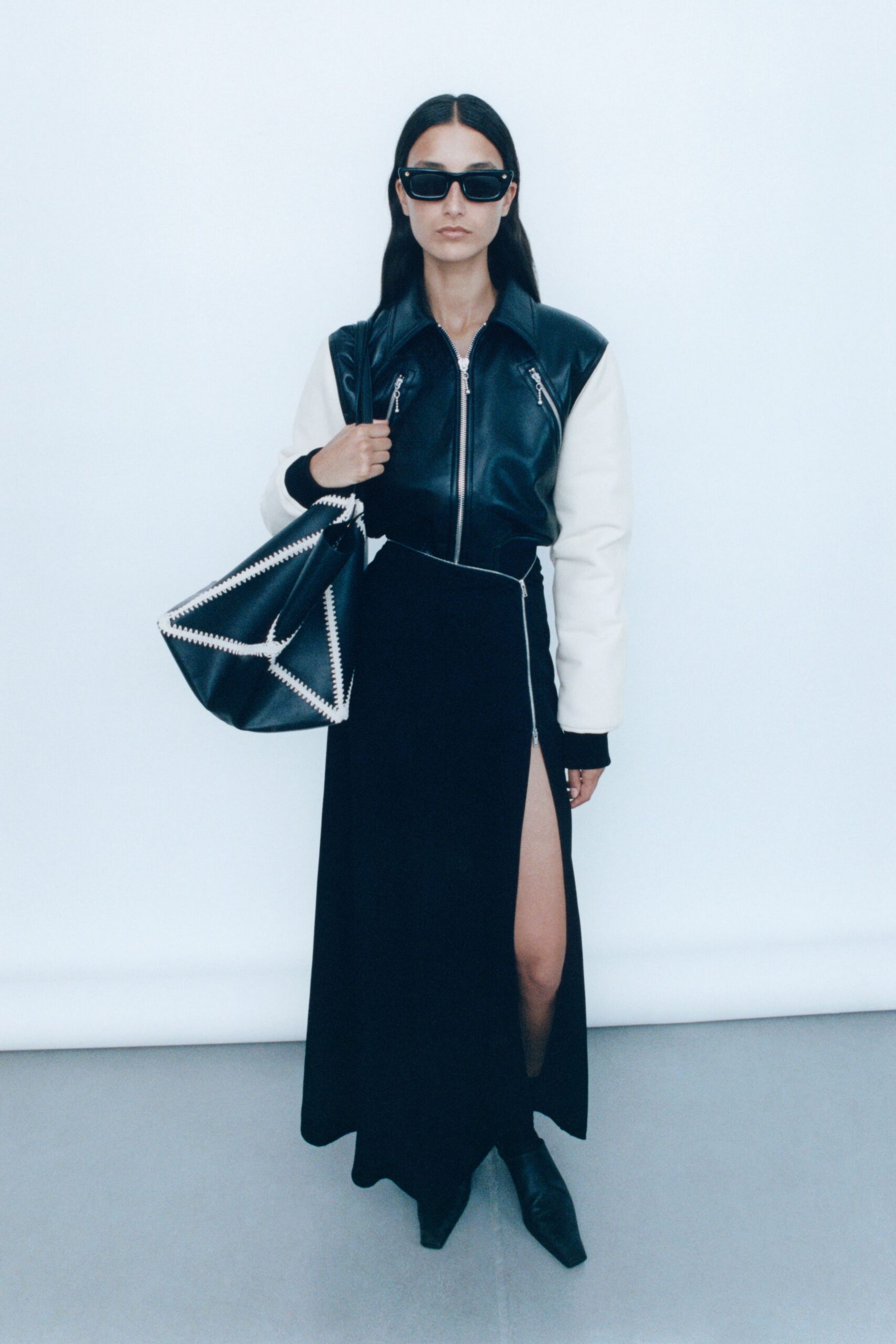 black leather jacket and skirt