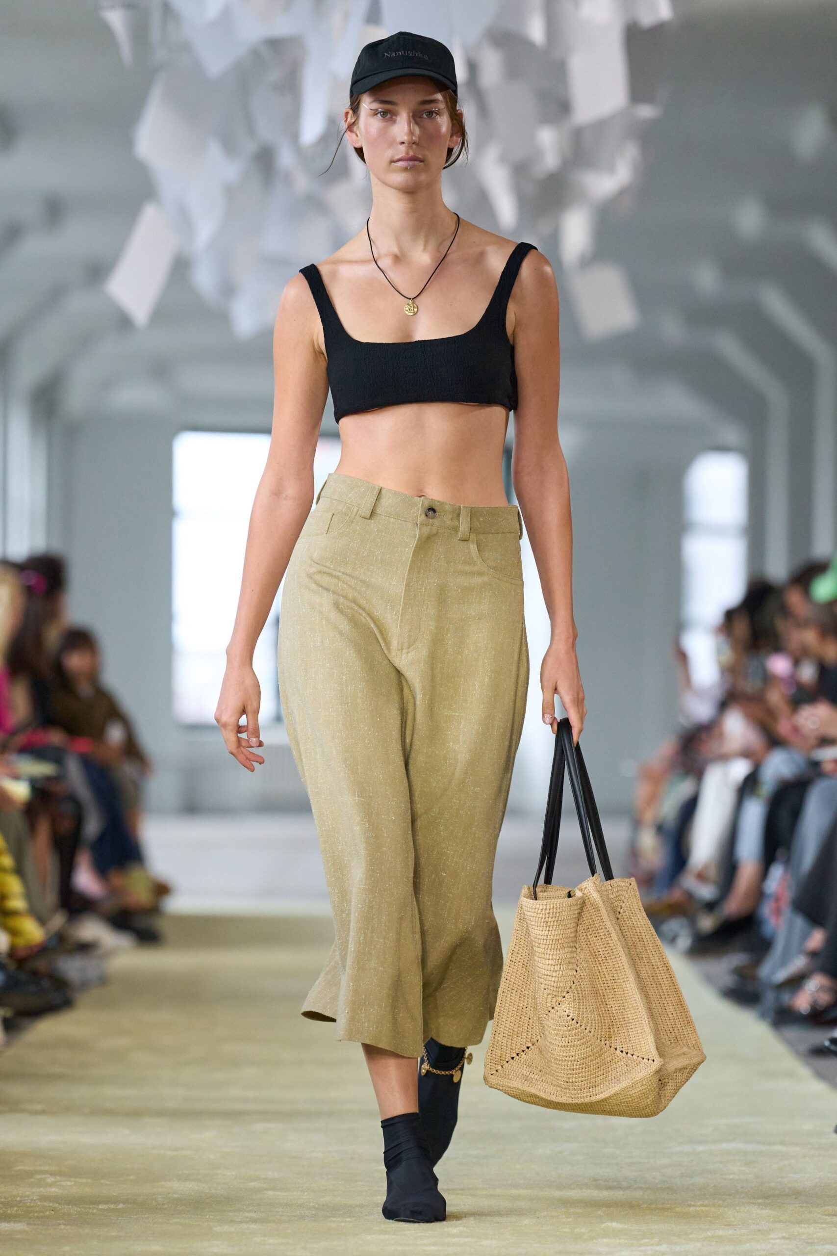 black crop-top beige wide-leg pants