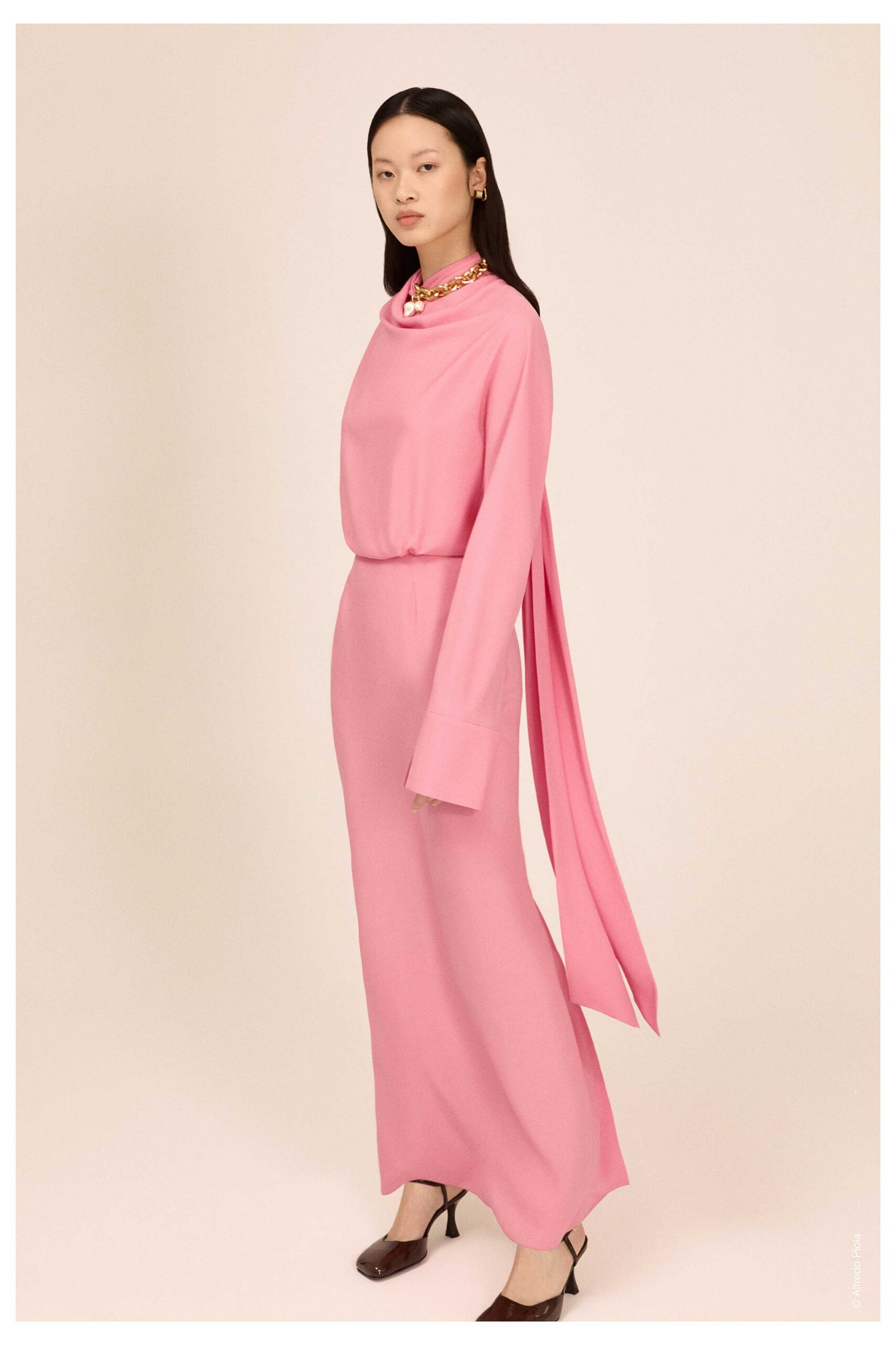 pink silk long-sleeve high-neck fitted draped maxi dress