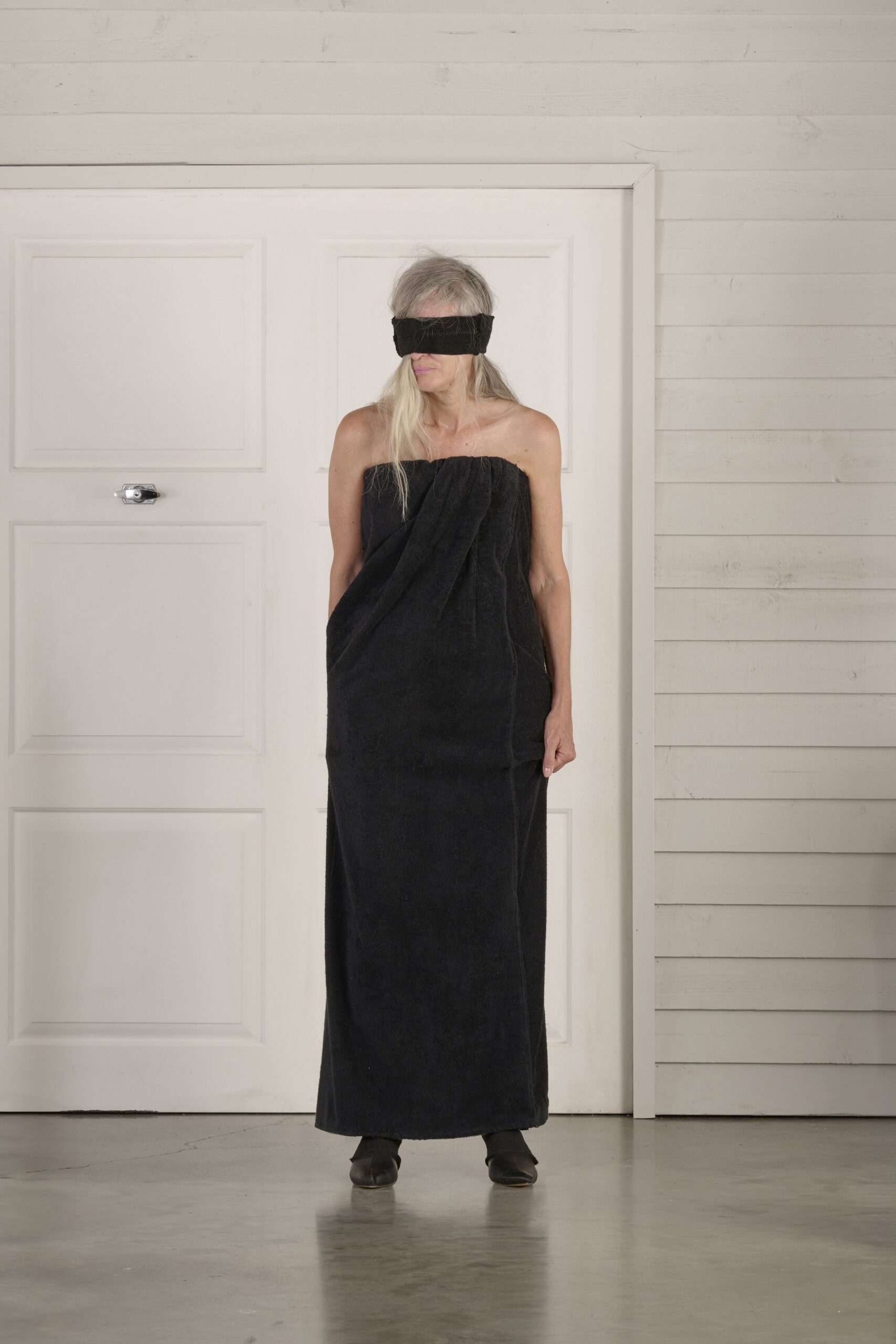black cotton strapless fitted draped maxi gown