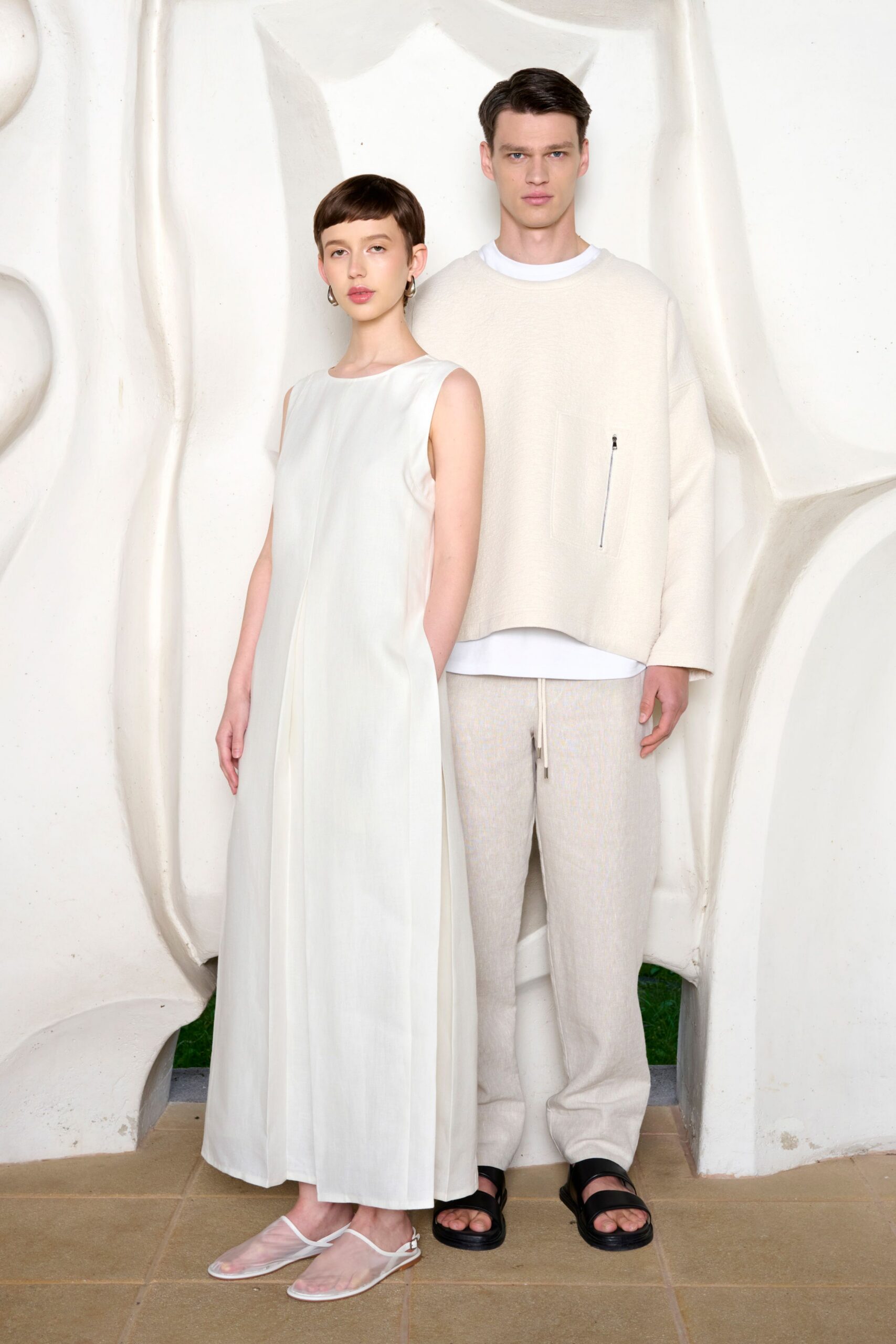 white cotton maxi dress and beige top
