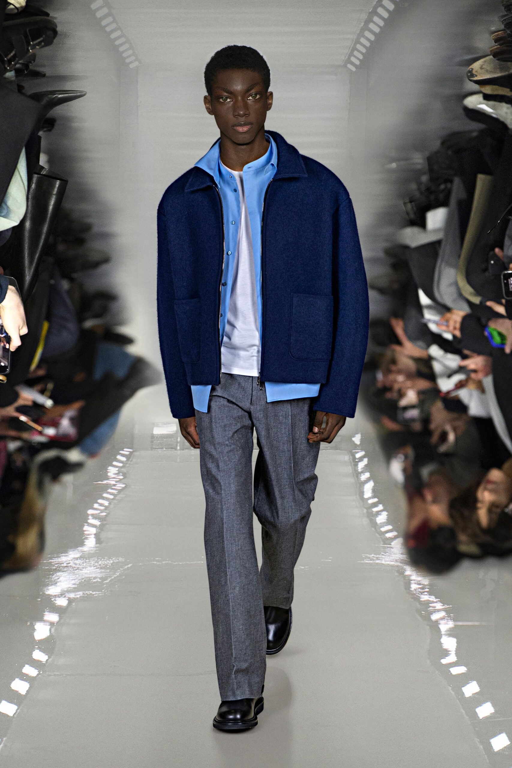 blue wool long-sleeve collared relaxed jacket