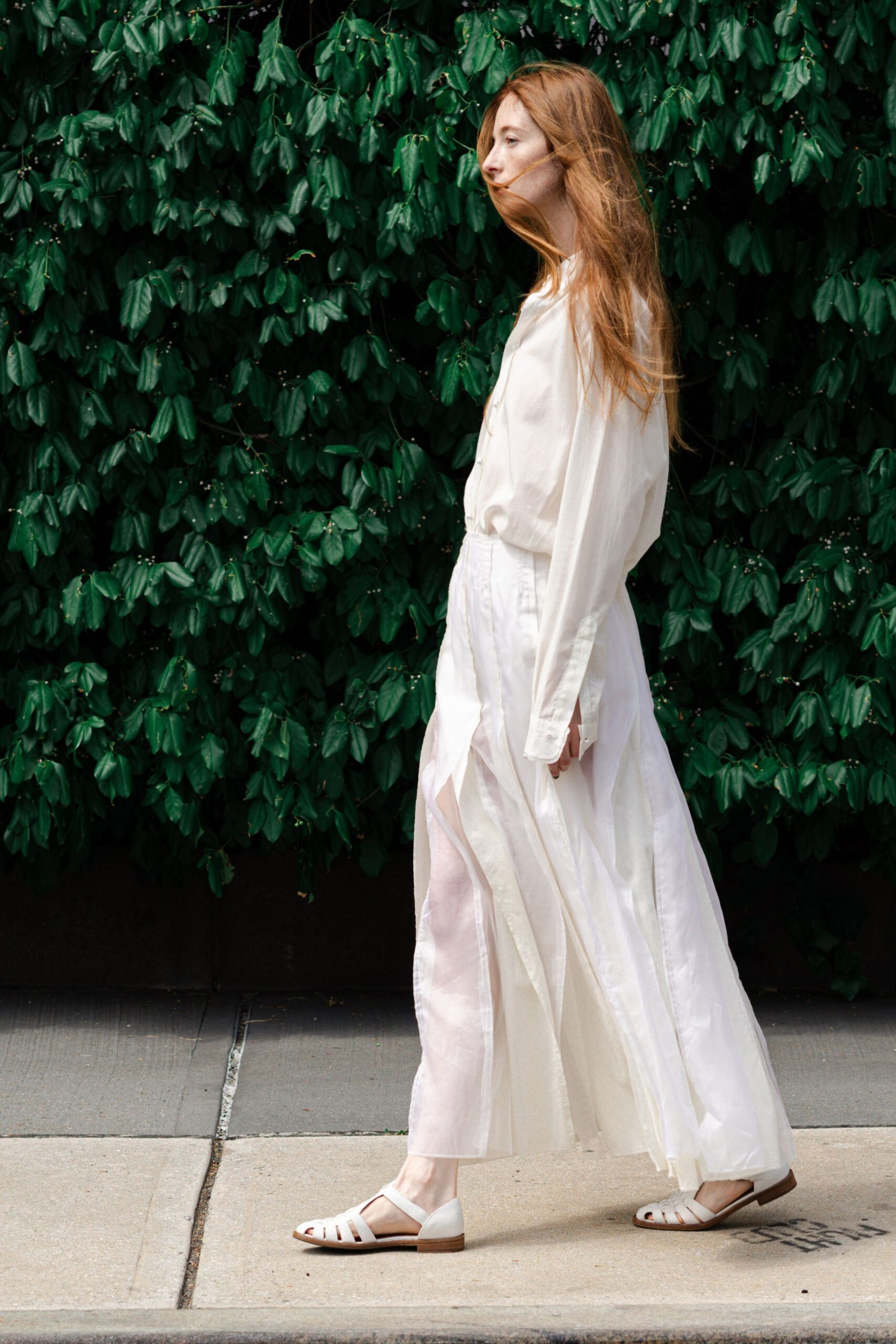 white chiffon slit fitted high-waisted layered flowing skirt