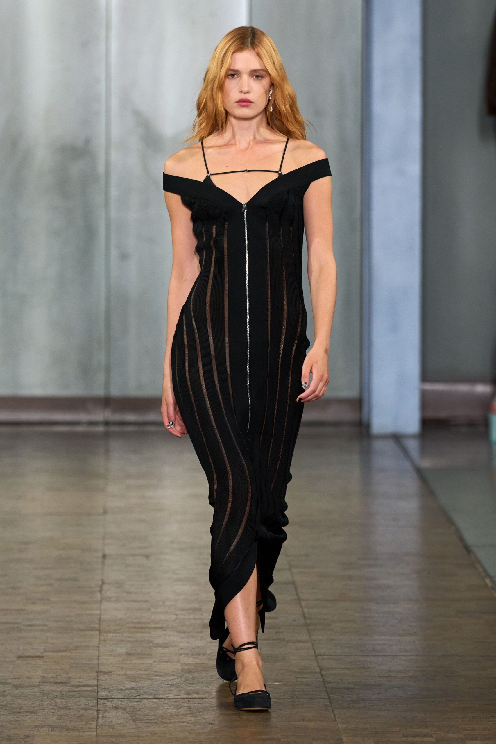 black silk sleeveless off-shoulder fitted zippered striped dress