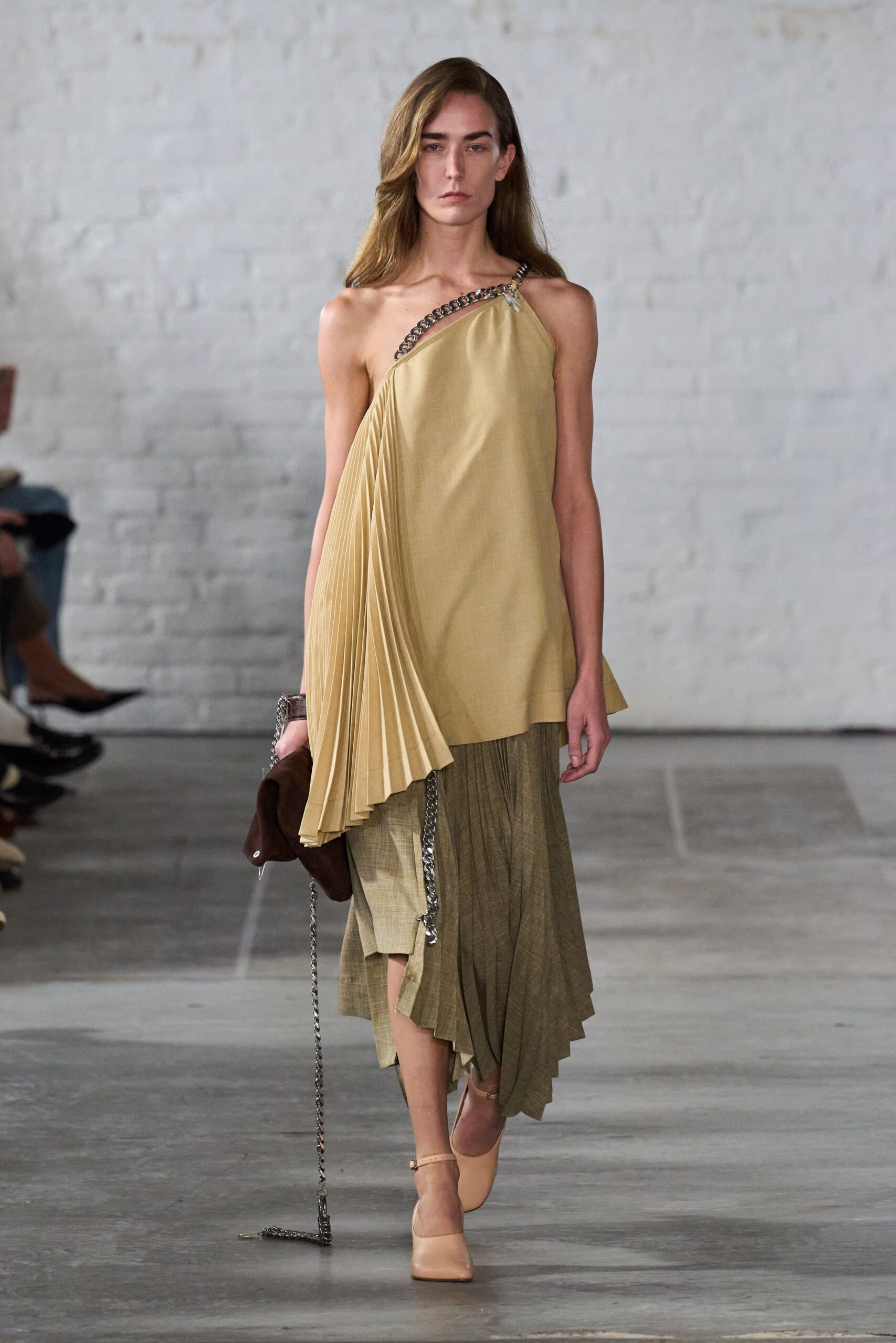 beige silk sleeveless asymmetric fitted pleated draped dress