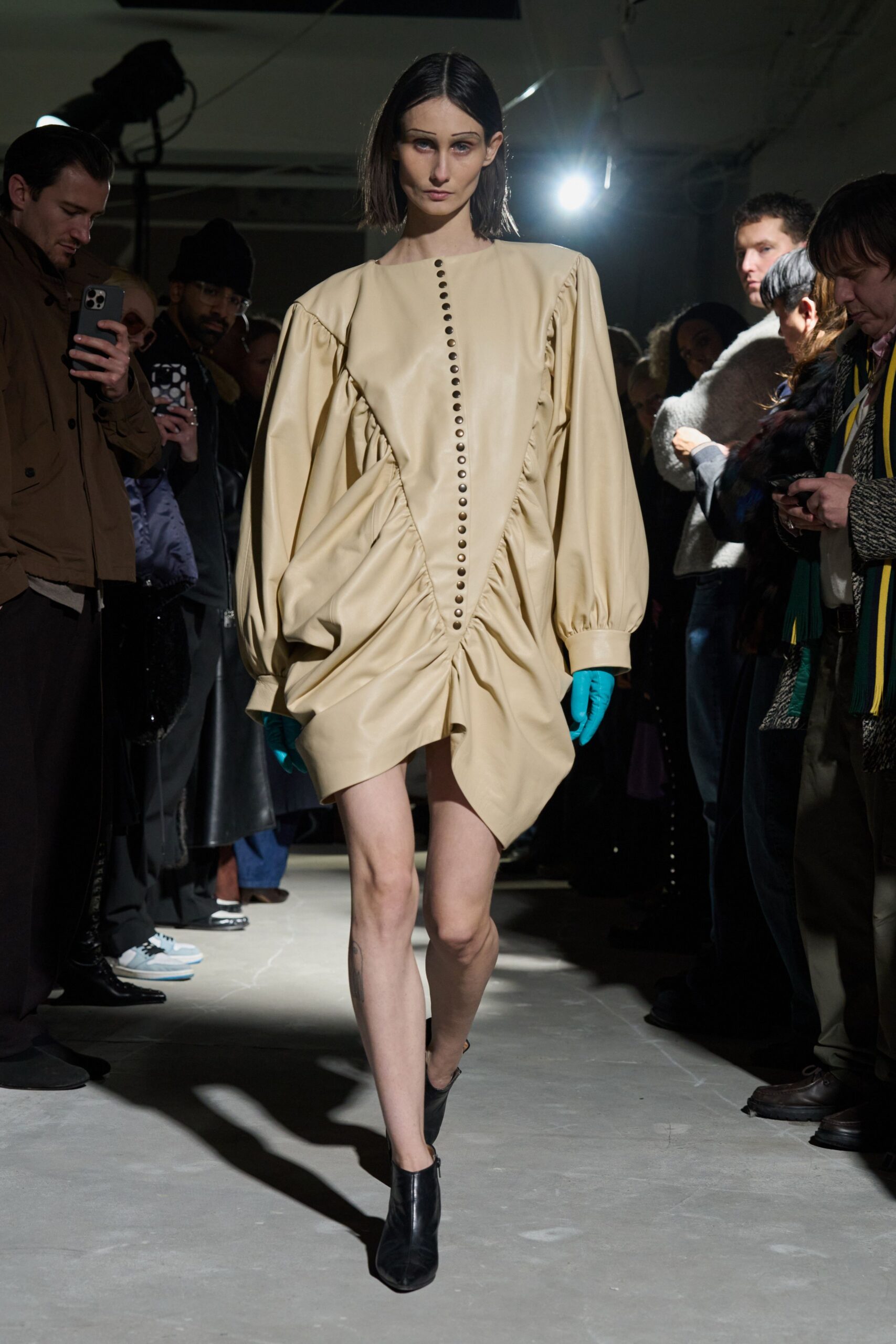 beige leather long-sleeve v-neck fitted buttoned draped dress