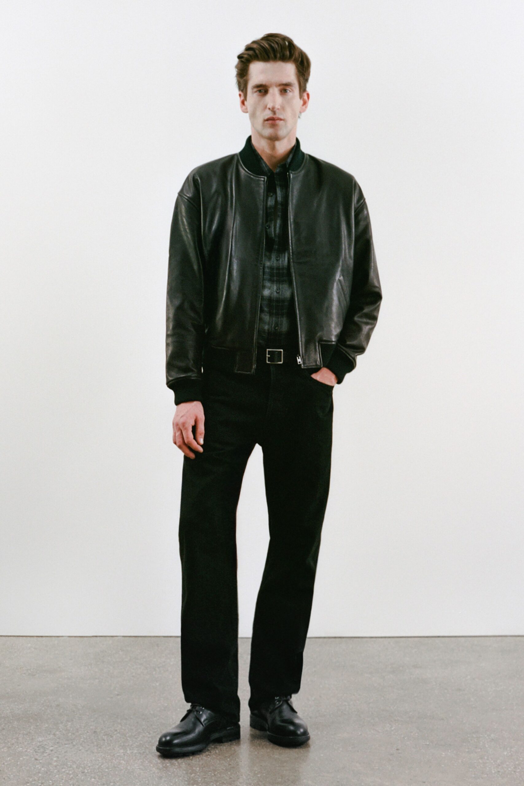 black leather jacket with shirt and pants