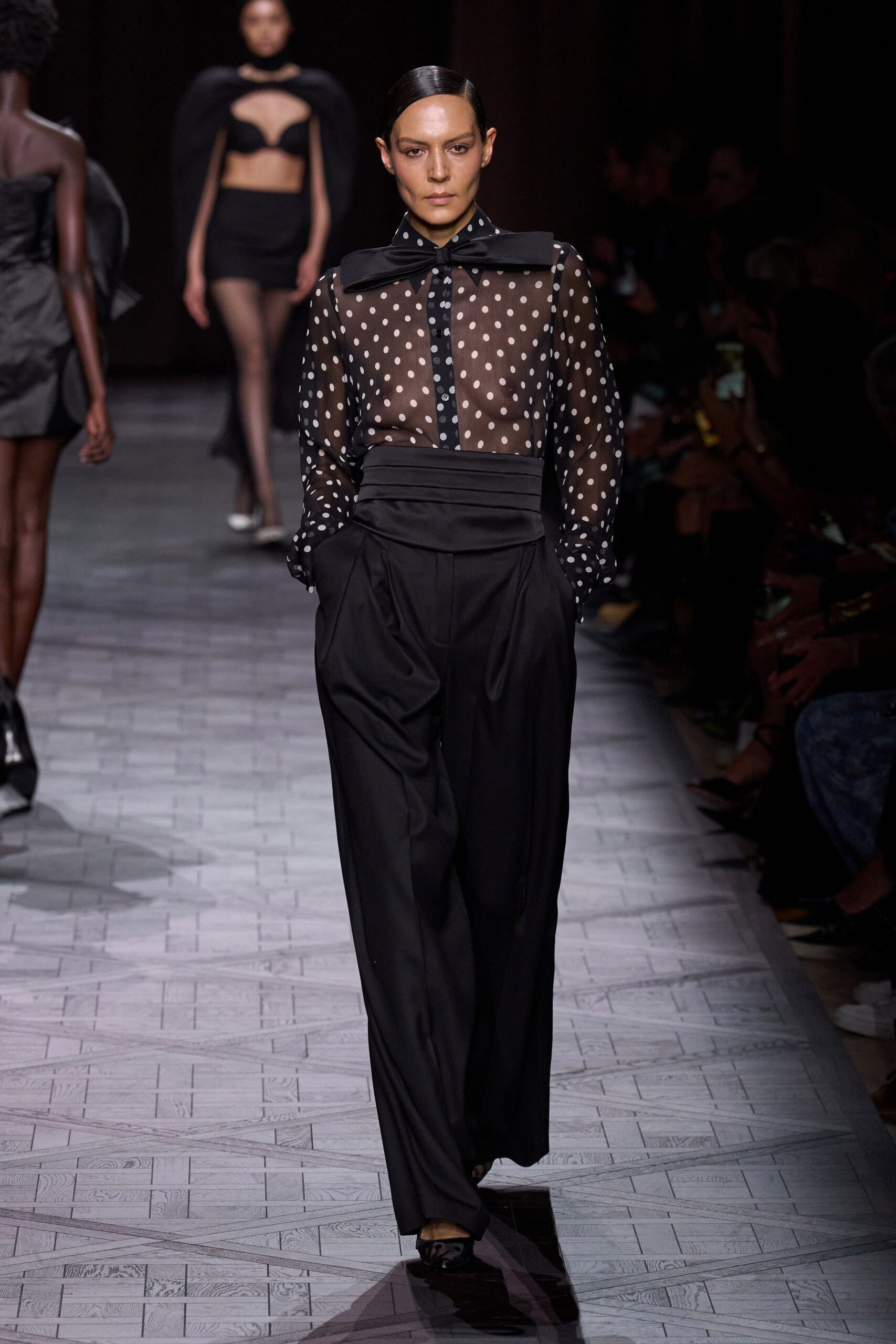 black silk long-sleeve collared fitted polka-dot sheer blouse