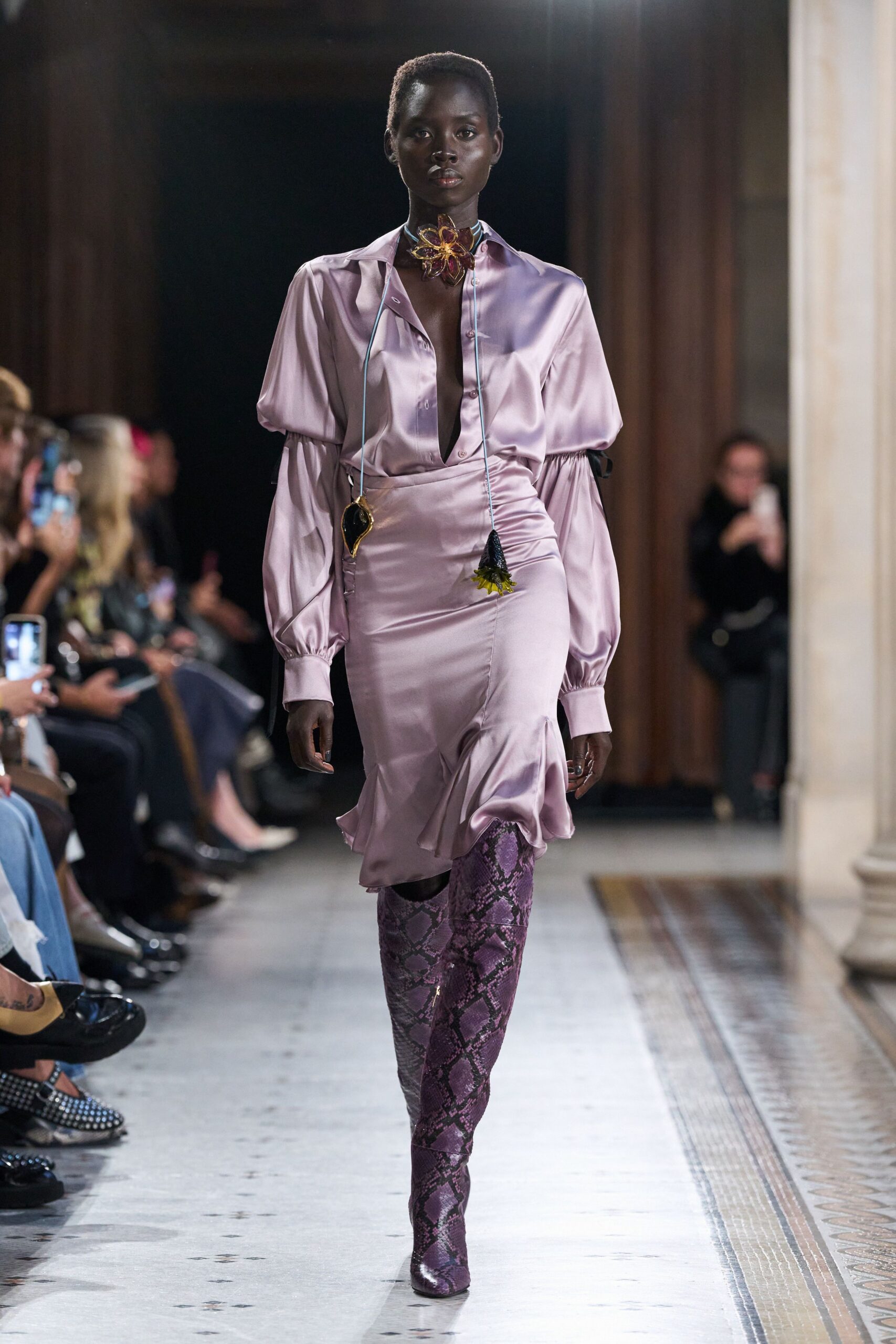 purple silk midi dress with boots