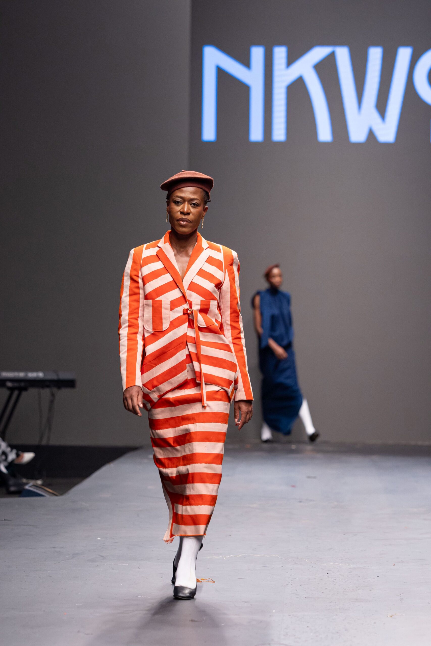striped midi dress with hat