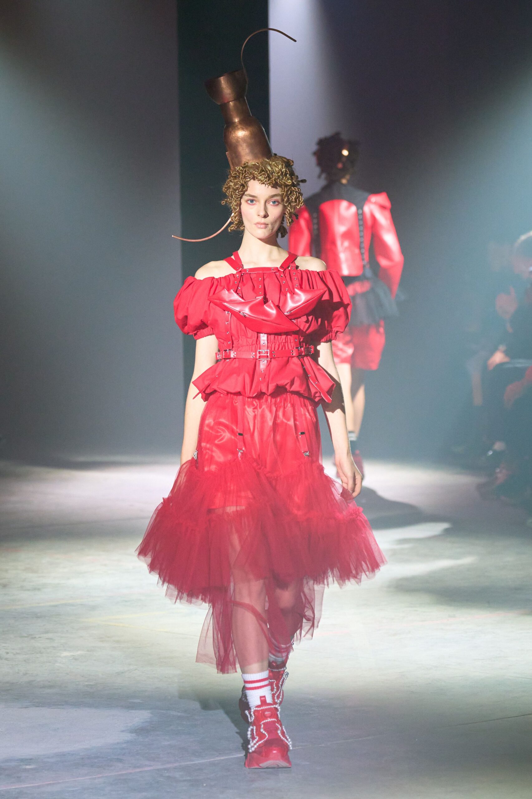 red silk off-shoulder short-sleeve fitted ruffled tiered dress